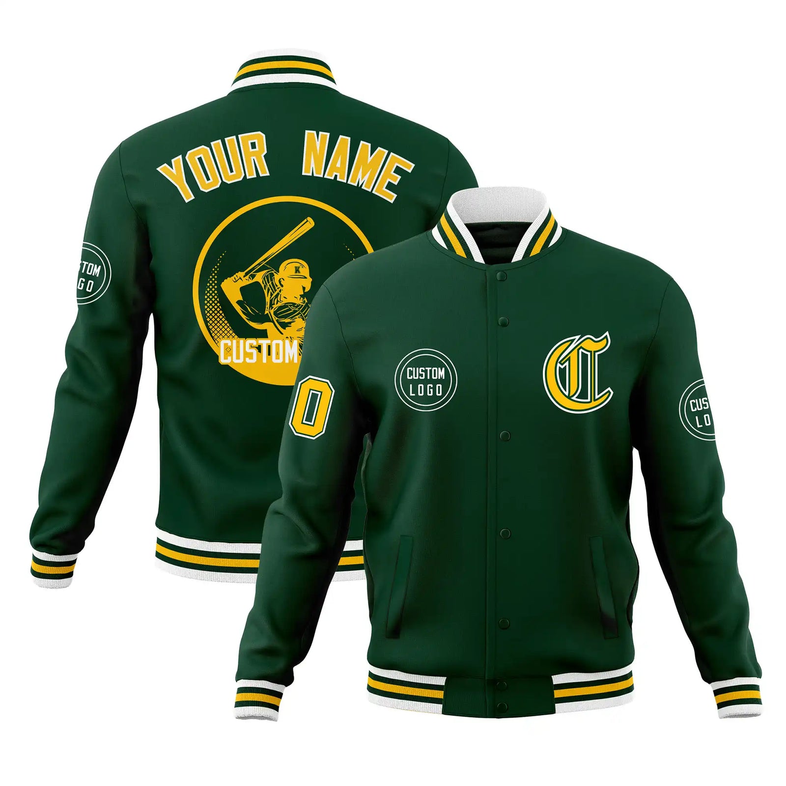 Custom Green Yellow-White Bomber Full-Snap Varsity Letterman Jacket