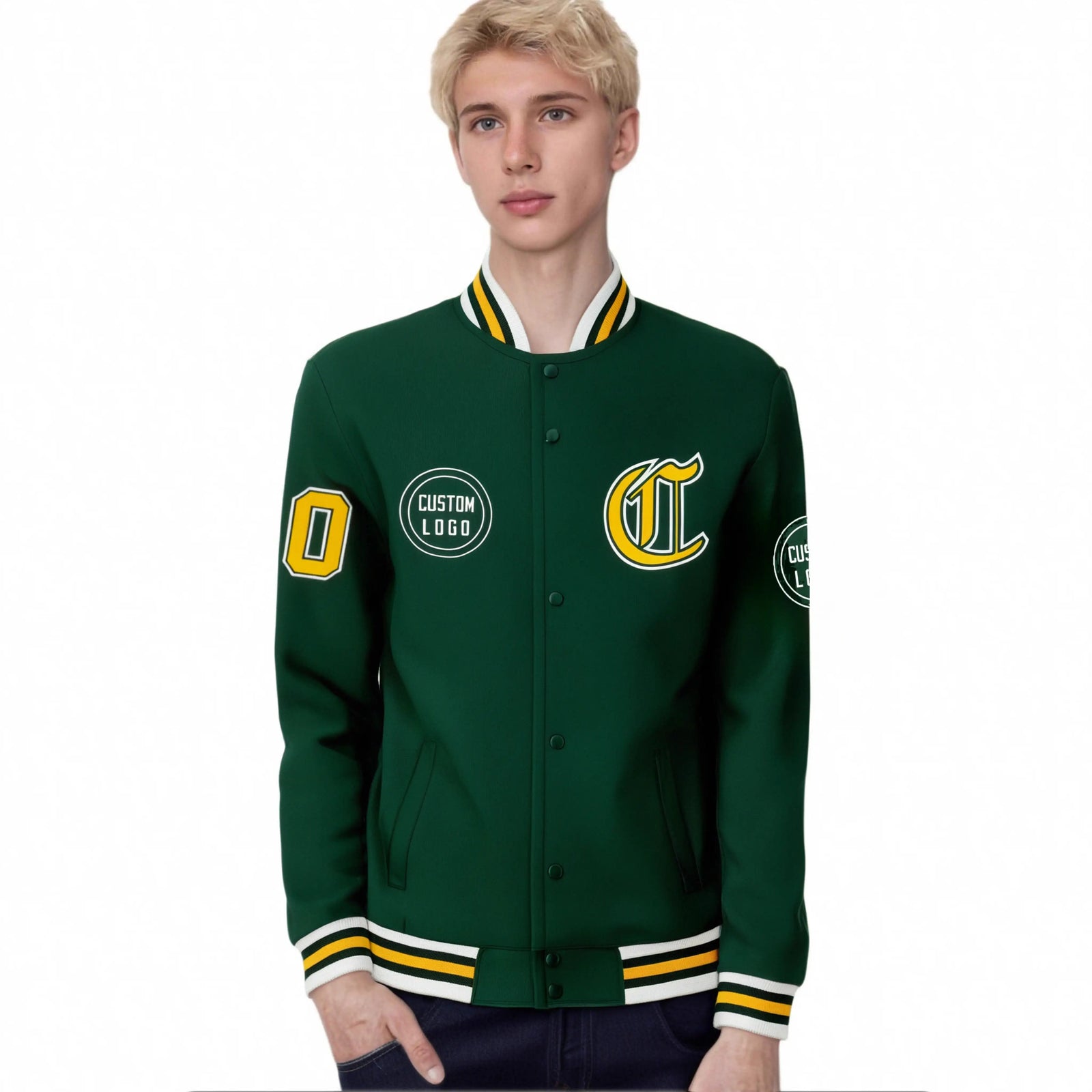 Custom Green Yellow-White Bomber Full-Snap Varsity Letterman Jacket