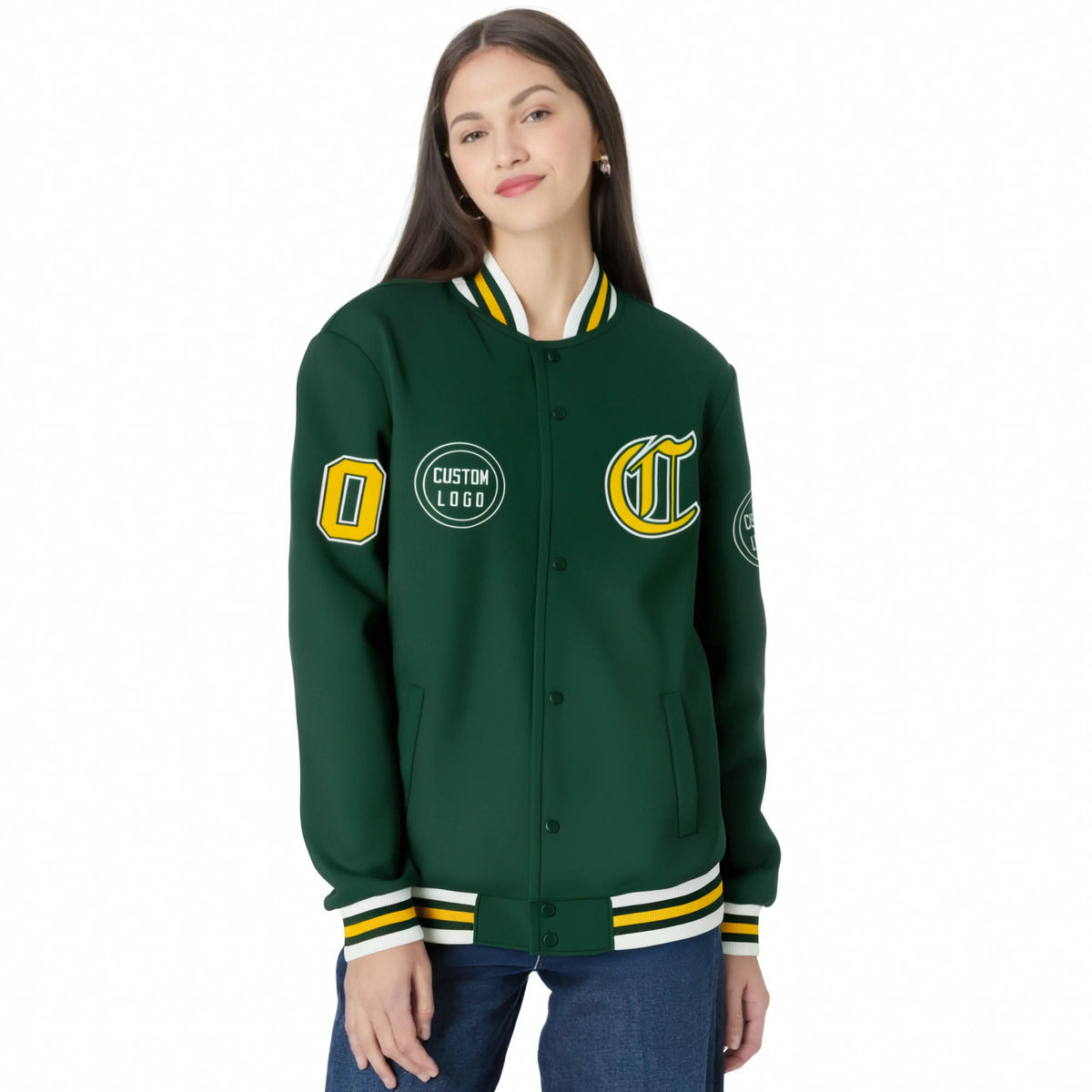 Custom Green Yellow-White Bomber Full-Snap Varsity Letterman Jacket
