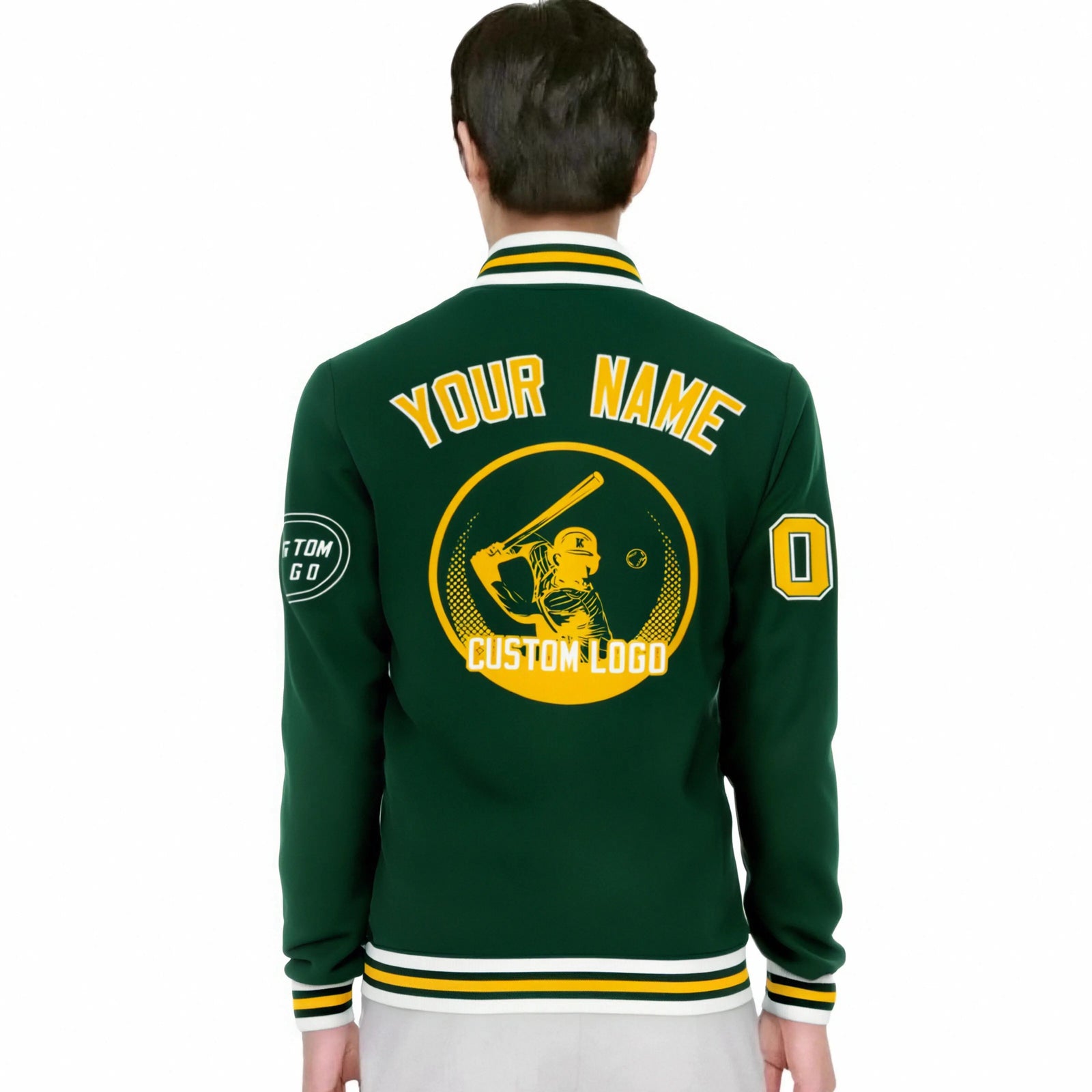 Custom Green Yellow-White Bomber Full-Snap Varsity Letterman Jacket