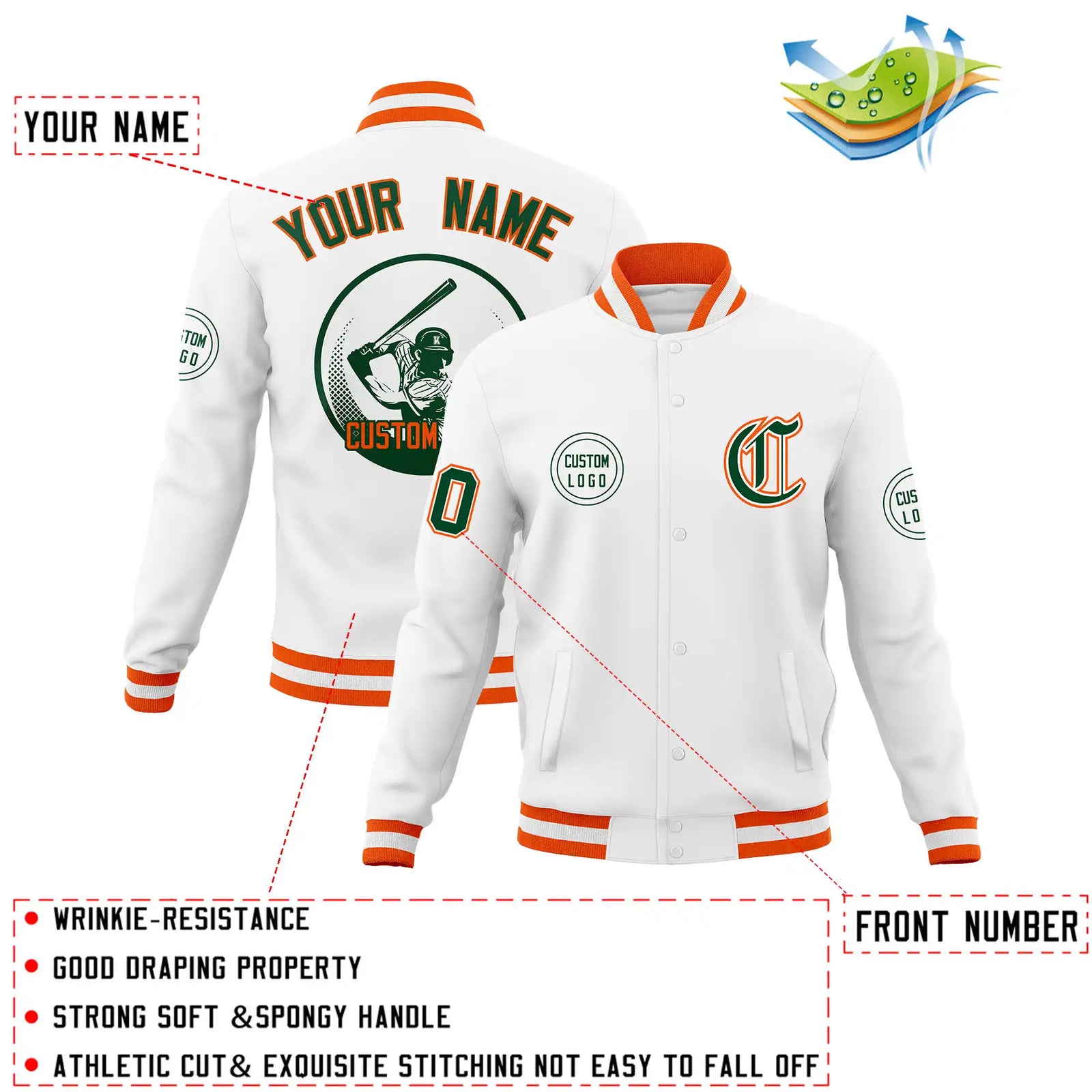 Custom White Orange-White Bomber Full-Snap Varsity Letterman Jacket