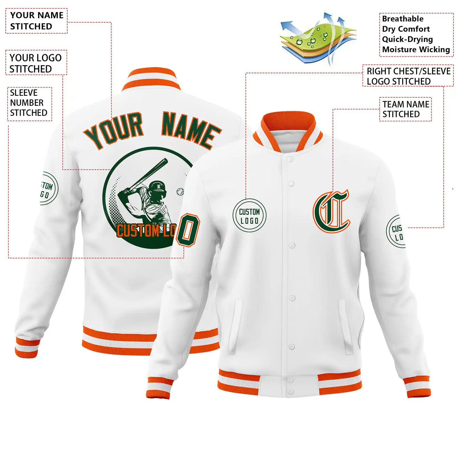 Custom White Orange-White Bomber Full-Snap Varsity Letterman Jacket