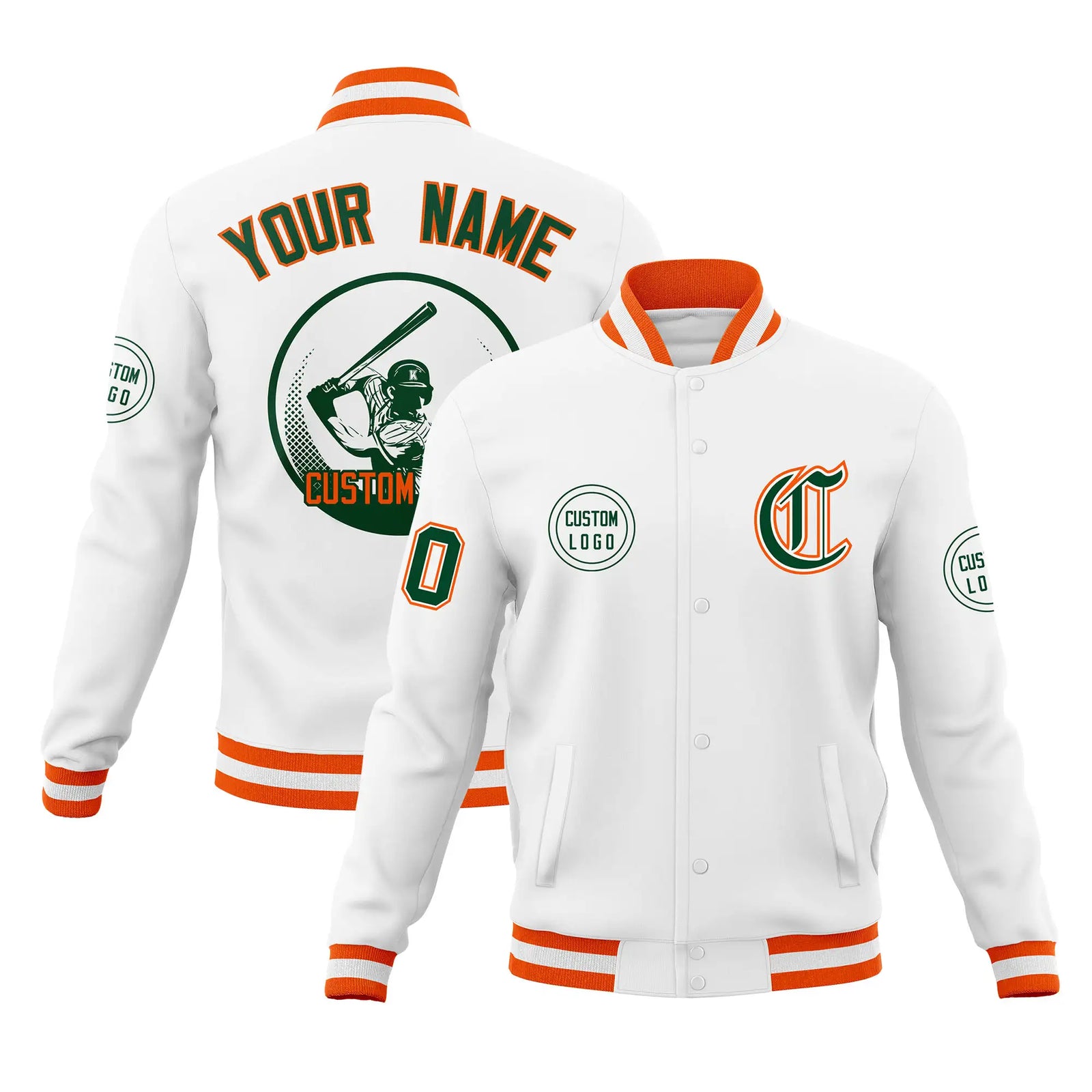 Custom White Orange-White Bomber Full-Snap Varsity Letterman Jacket