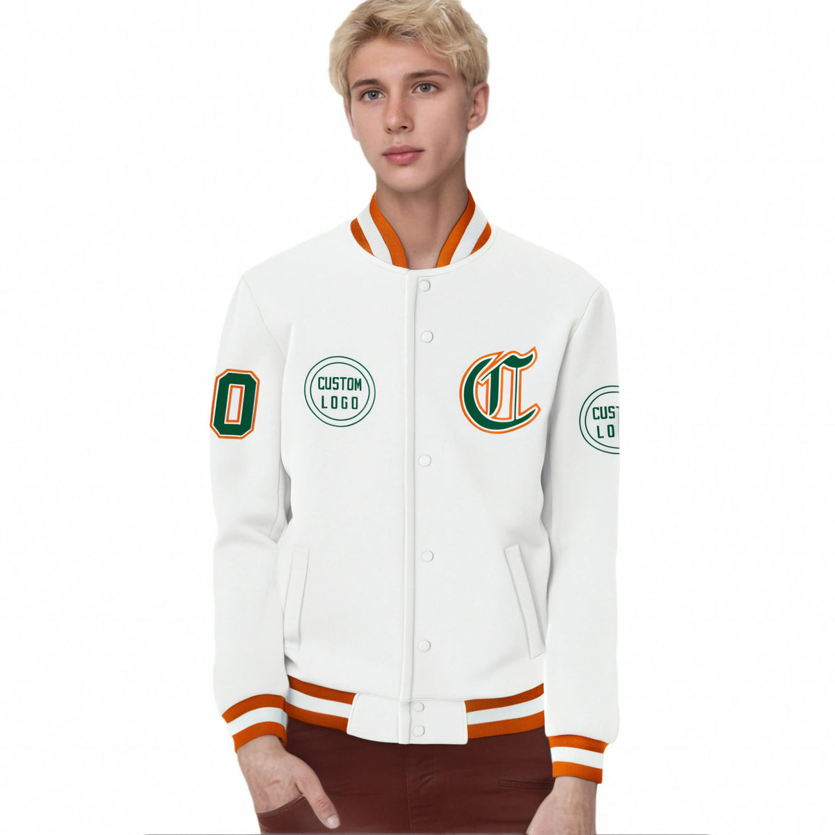 Custom White Orange-White Bomber Full-Snap Varsity Letterman Jacket