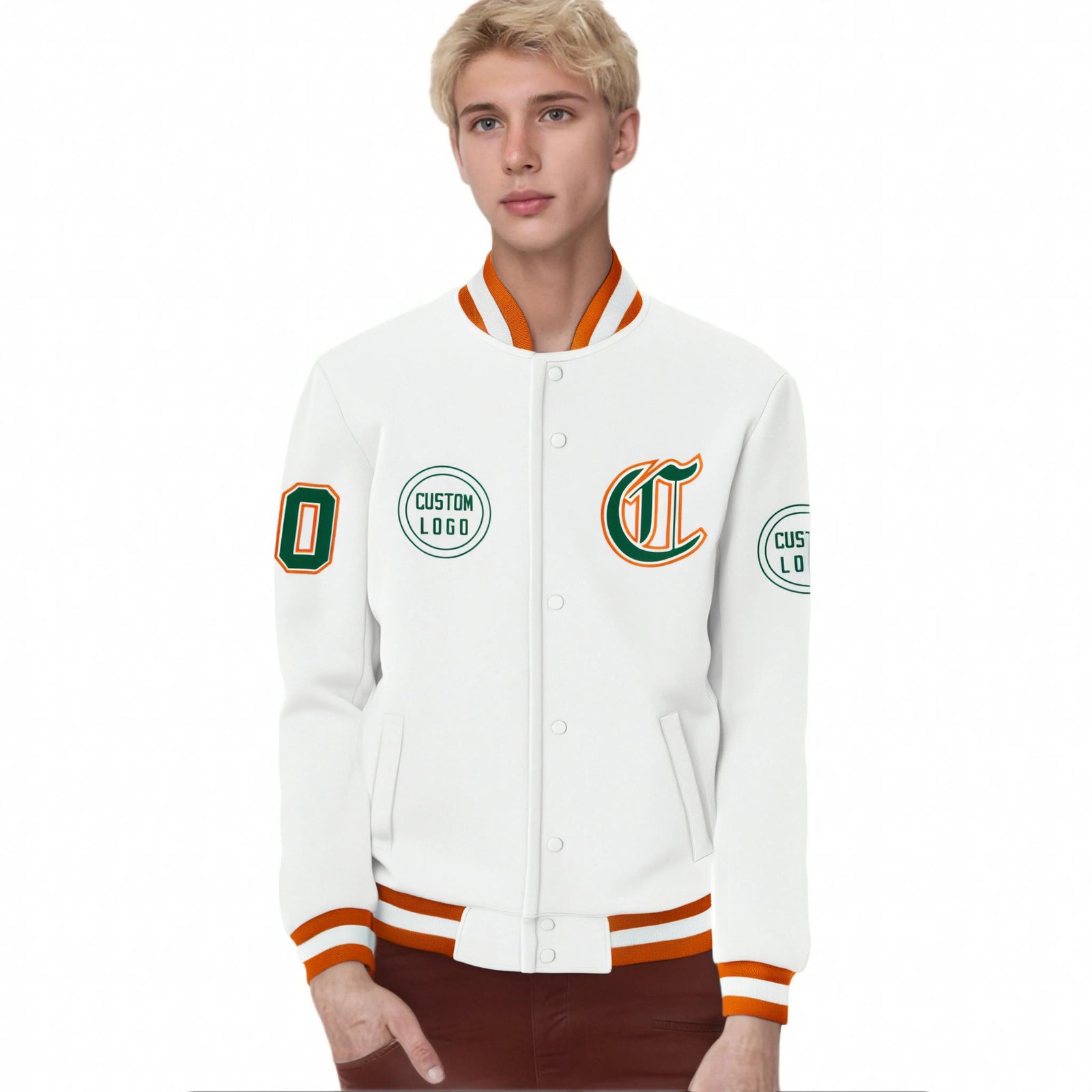 Custom White Orange-White Bomber Full-Snap Varsity Letterman Jacket