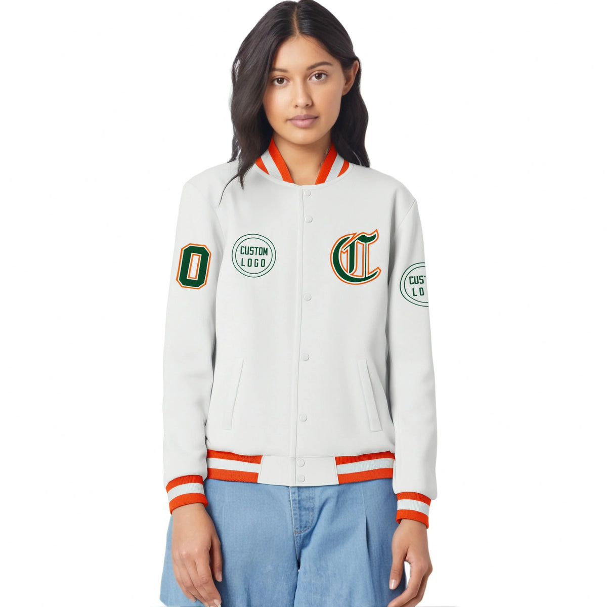 Custom White Orange-White Bomber Full-Snap Varsity Letterman Jacket