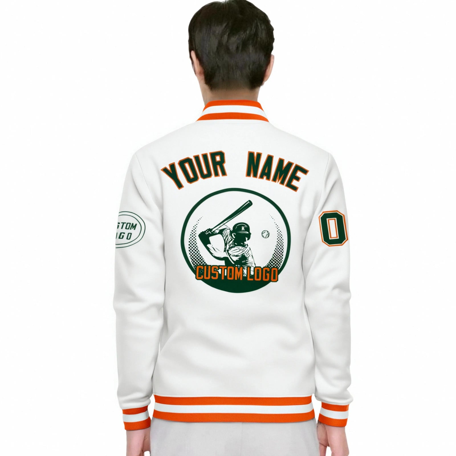 Custom White Orange-White Bomber Full-Snap Varsity Letterman Jacket