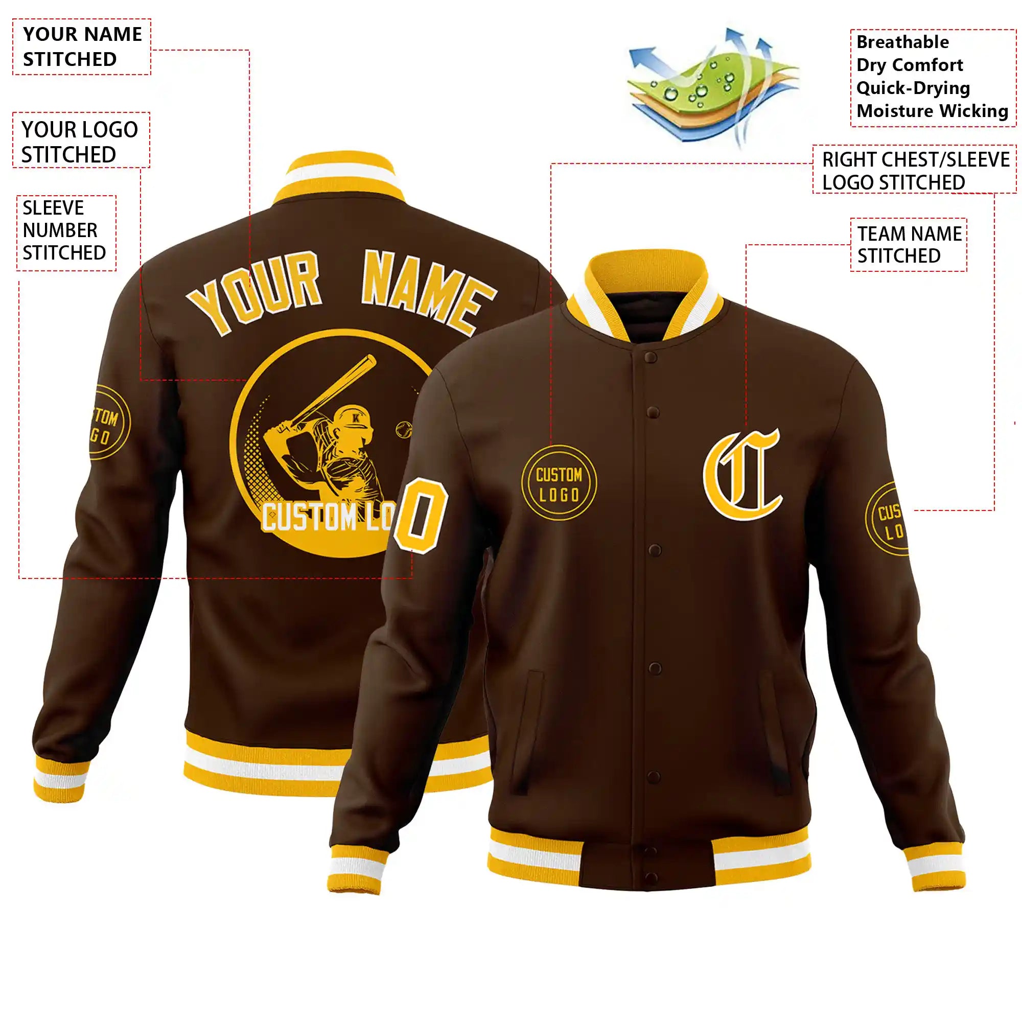 Custom Brown Gold-1 White Bomber Full-Snap Varsity Letterman Jacket