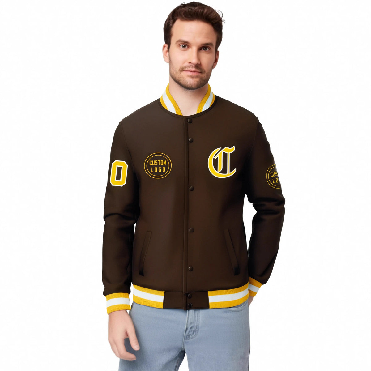 Custom Brown Gold-1 White Bomber Full-Snap Varsity Letterman Jacket
