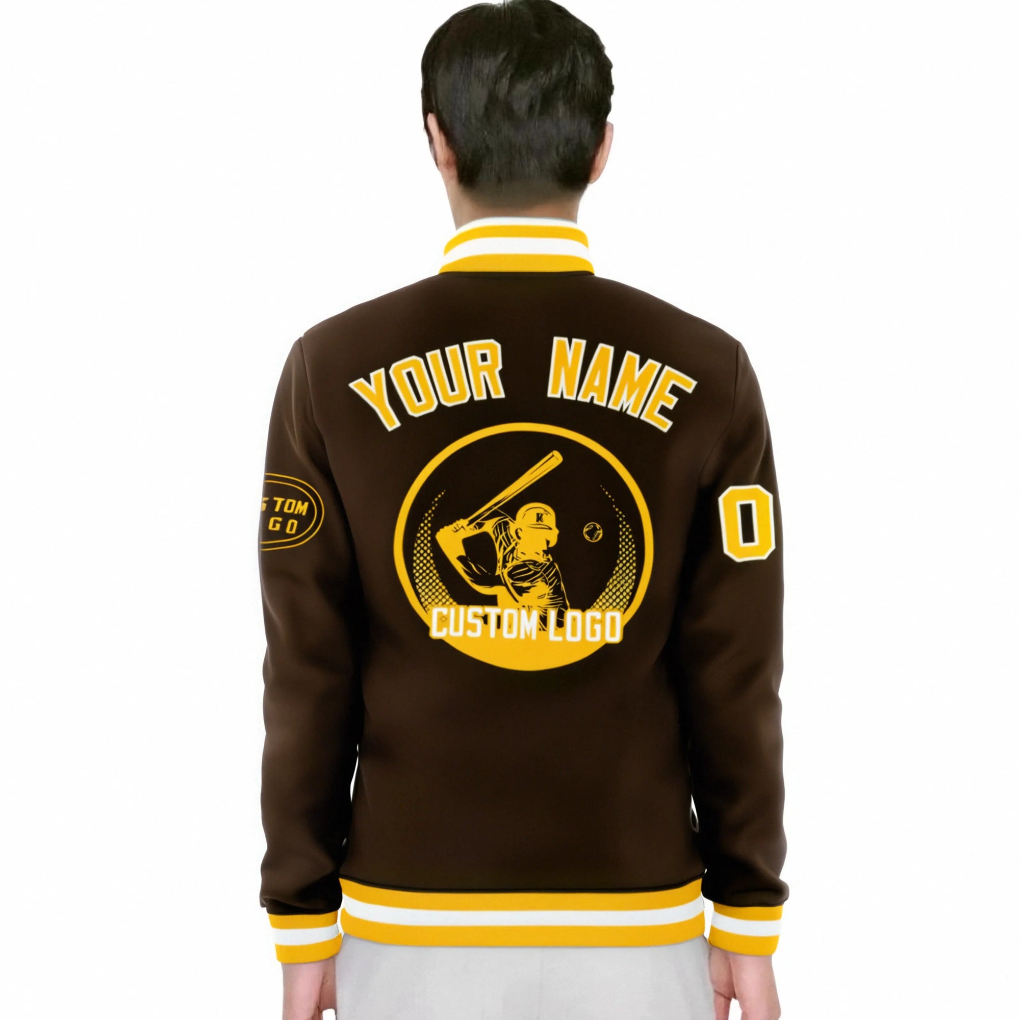 Custom Brown Gold-1 White Bomber Full-Snap Varsity Letterman Jacket