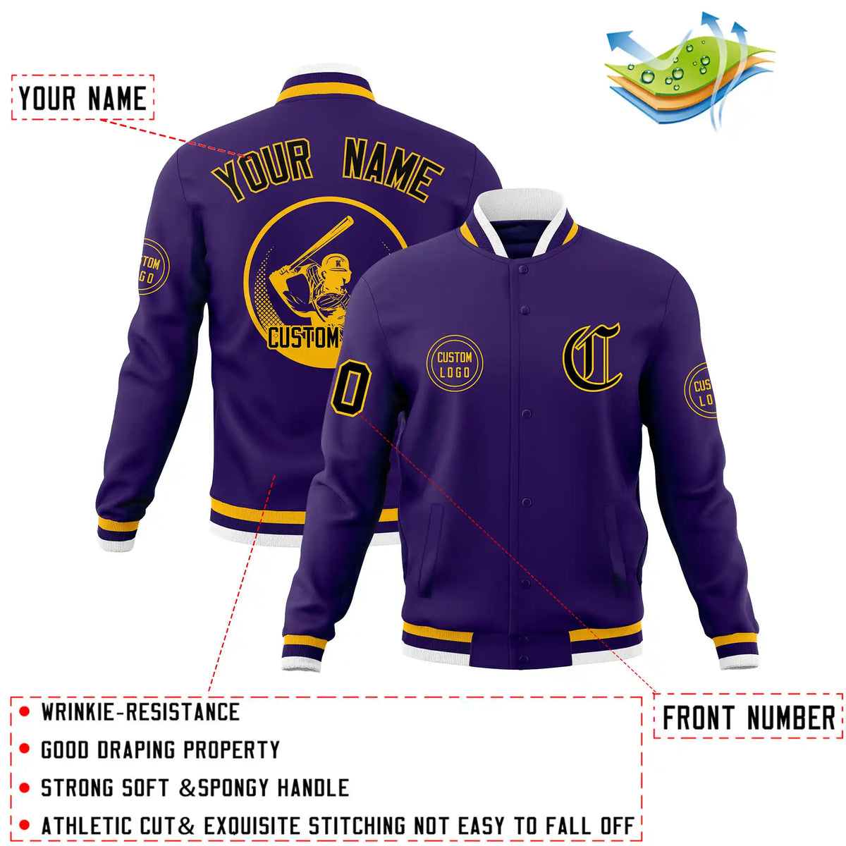 Custom Purple Yellow-White Bomber Full-Snap Varsity Letterman Jacket