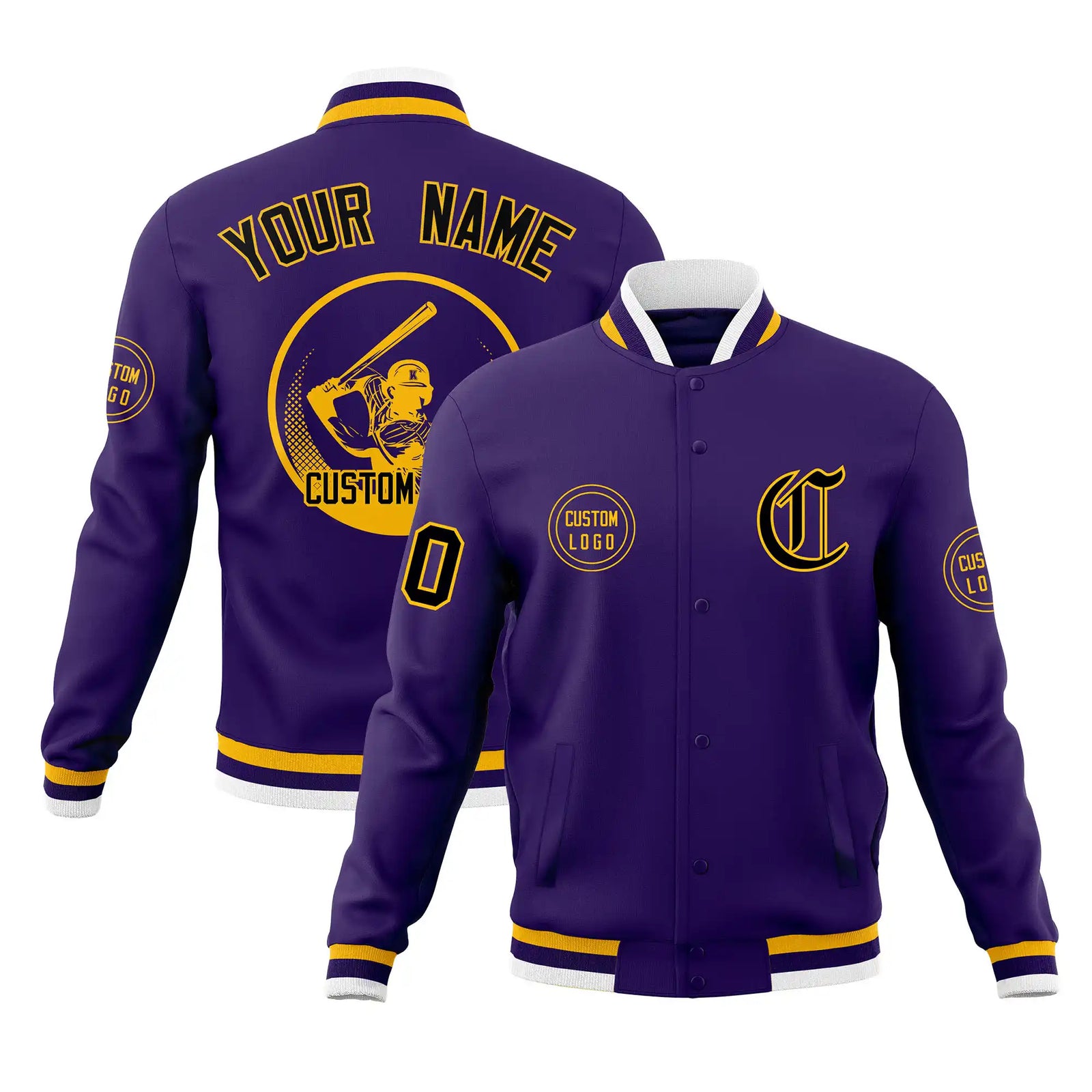 Custom Purple Yellow-White Bomber Full-Snap Varsity Letterman Jacket