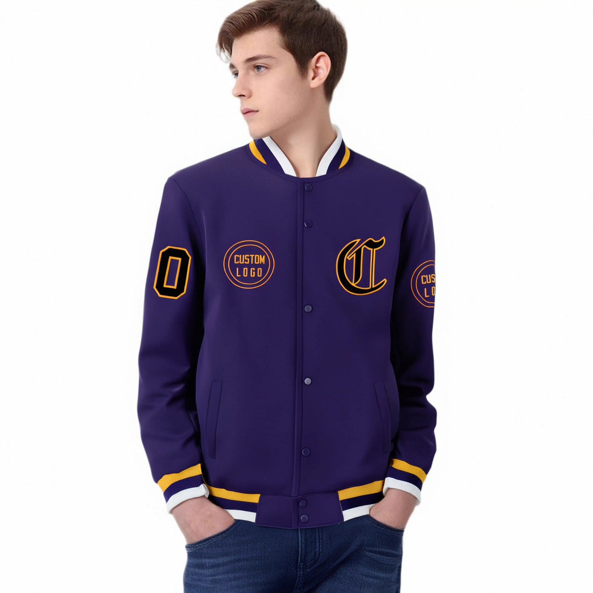 Custom Purple Yellow-White Bomber Full-Snap Varsity Letterman Jacket