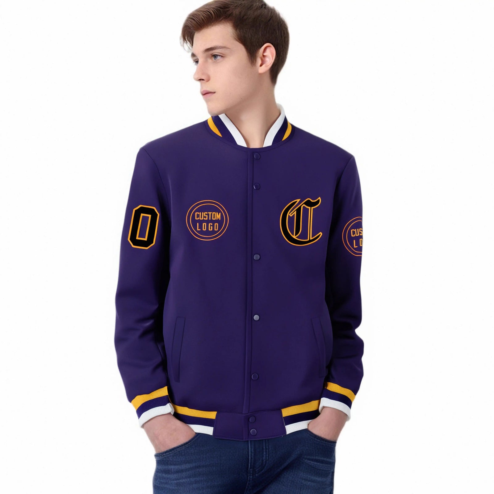 Custom Purple Yellow-White Bomber Full-Snap Varsity Letterman Jacket