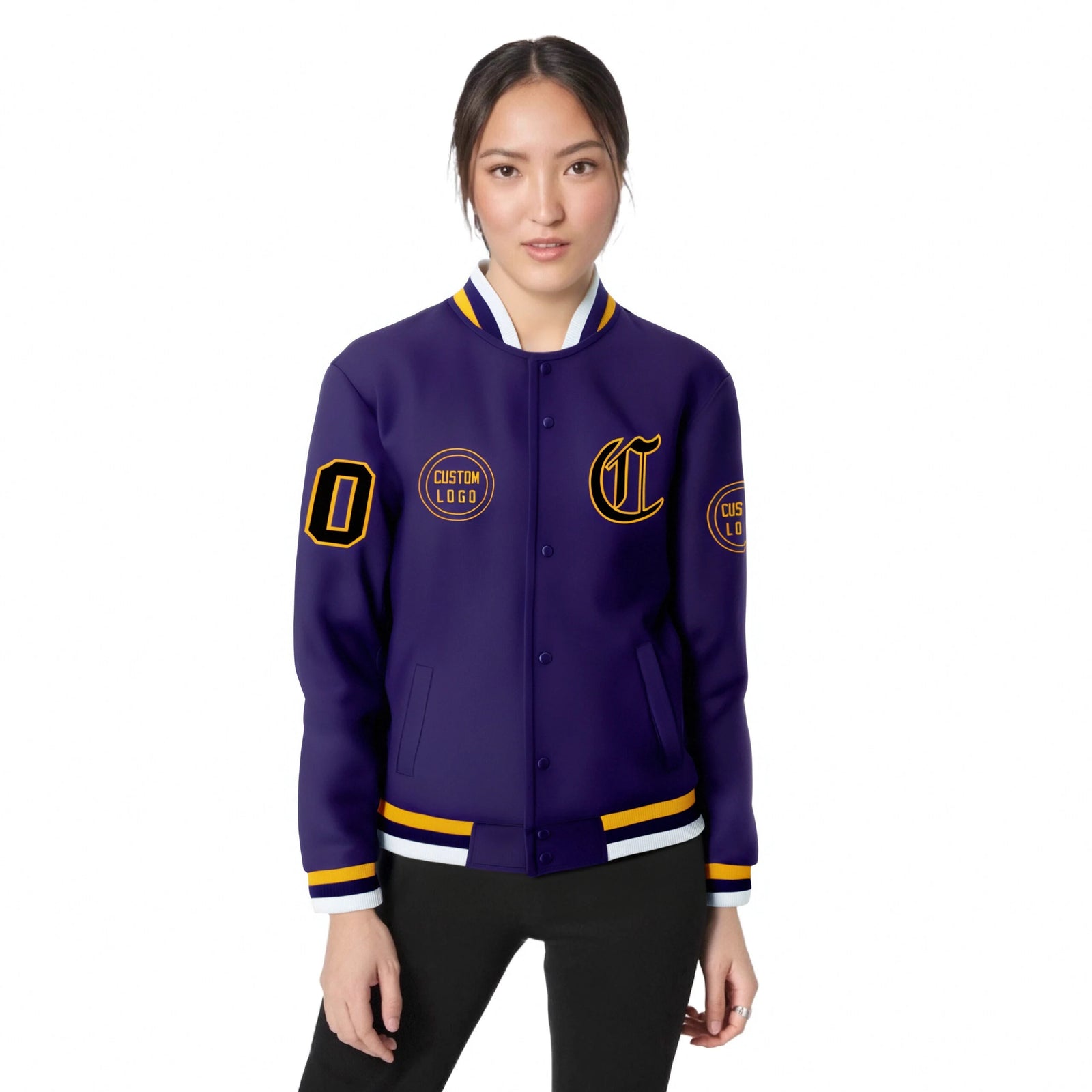 Custom Purple Yellow-White Bomber Full-Snap Varsity Letterman Jacket