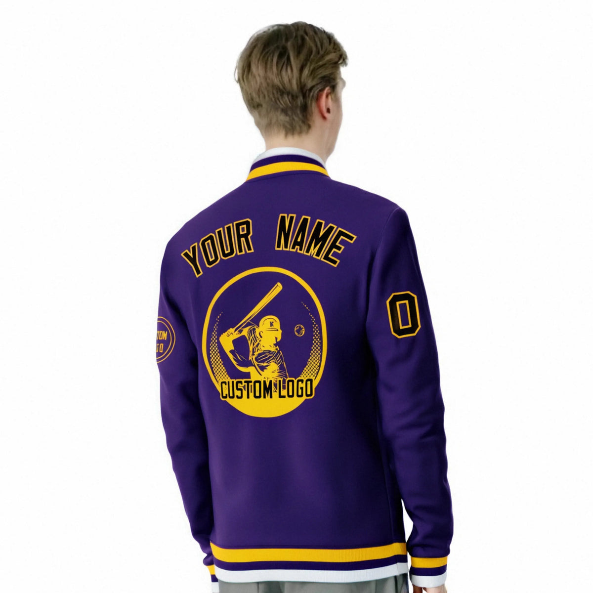 Custom Purple Yellow-White Bomber Full-Snap Varsity Letterman Jacket