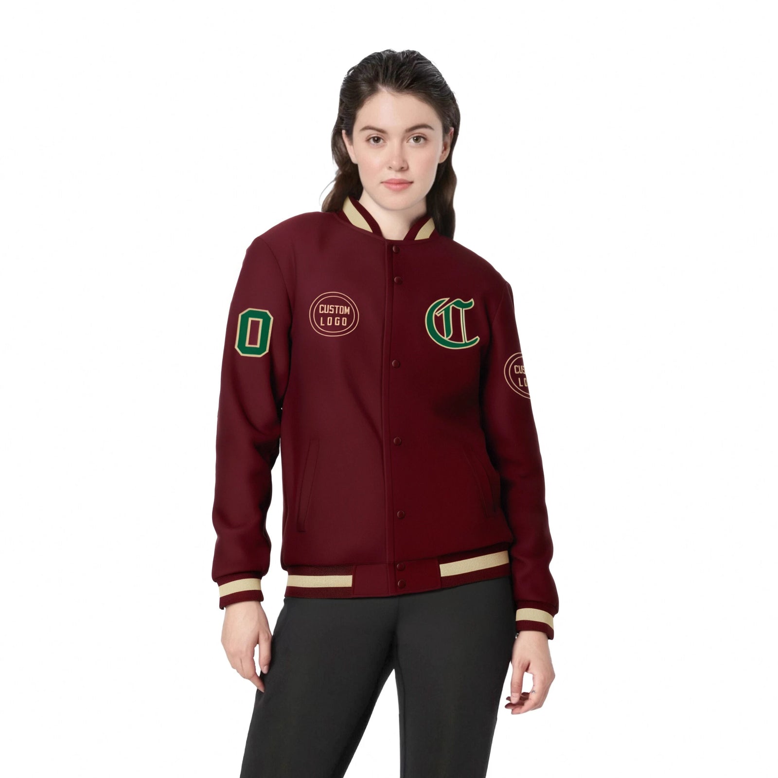 Custom Purple Crimson-Khaki Bomber Full-Snap Varsity Letterman Jacket