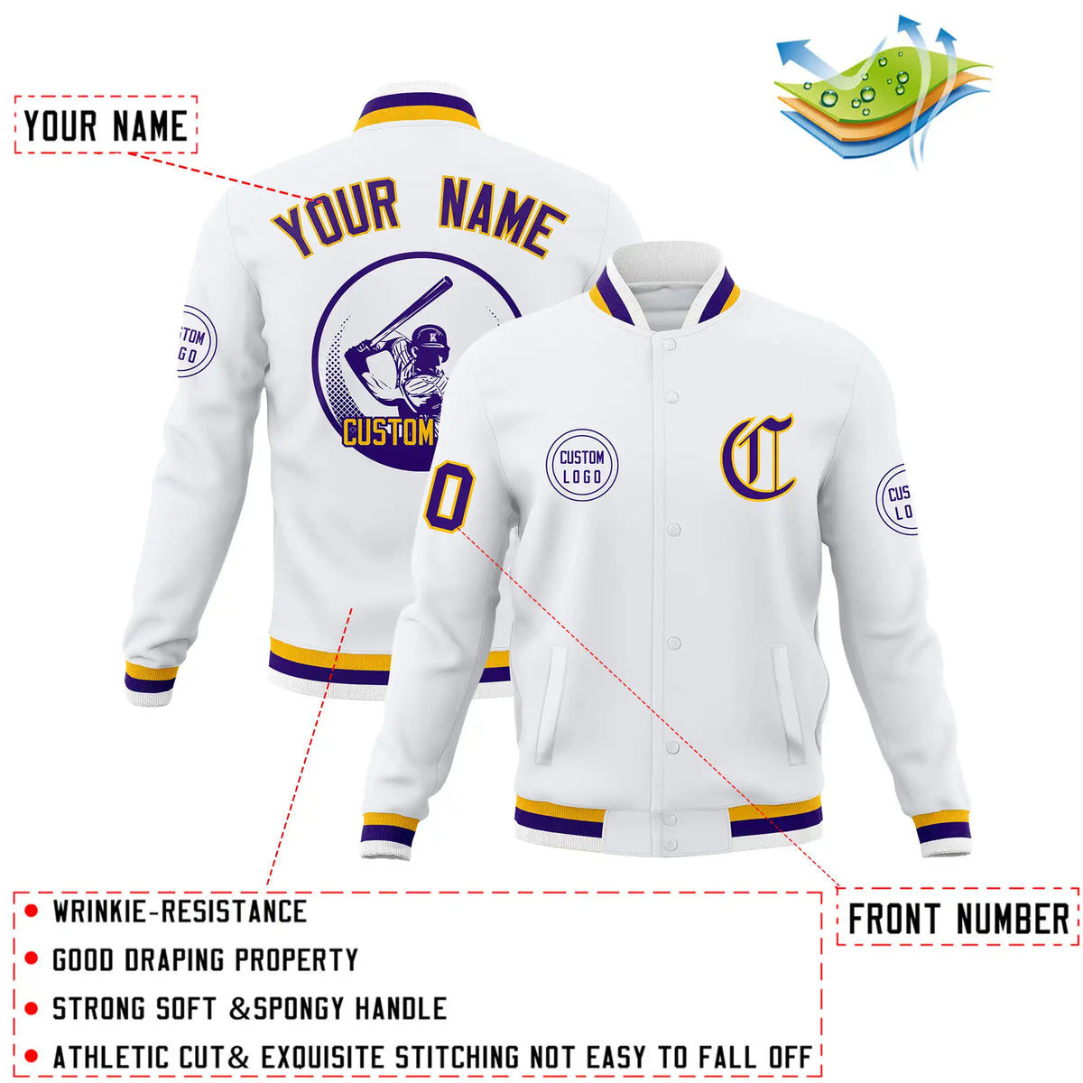 Custom White Purple-White Bomber Full-Snap Varsity Letterman Jacket