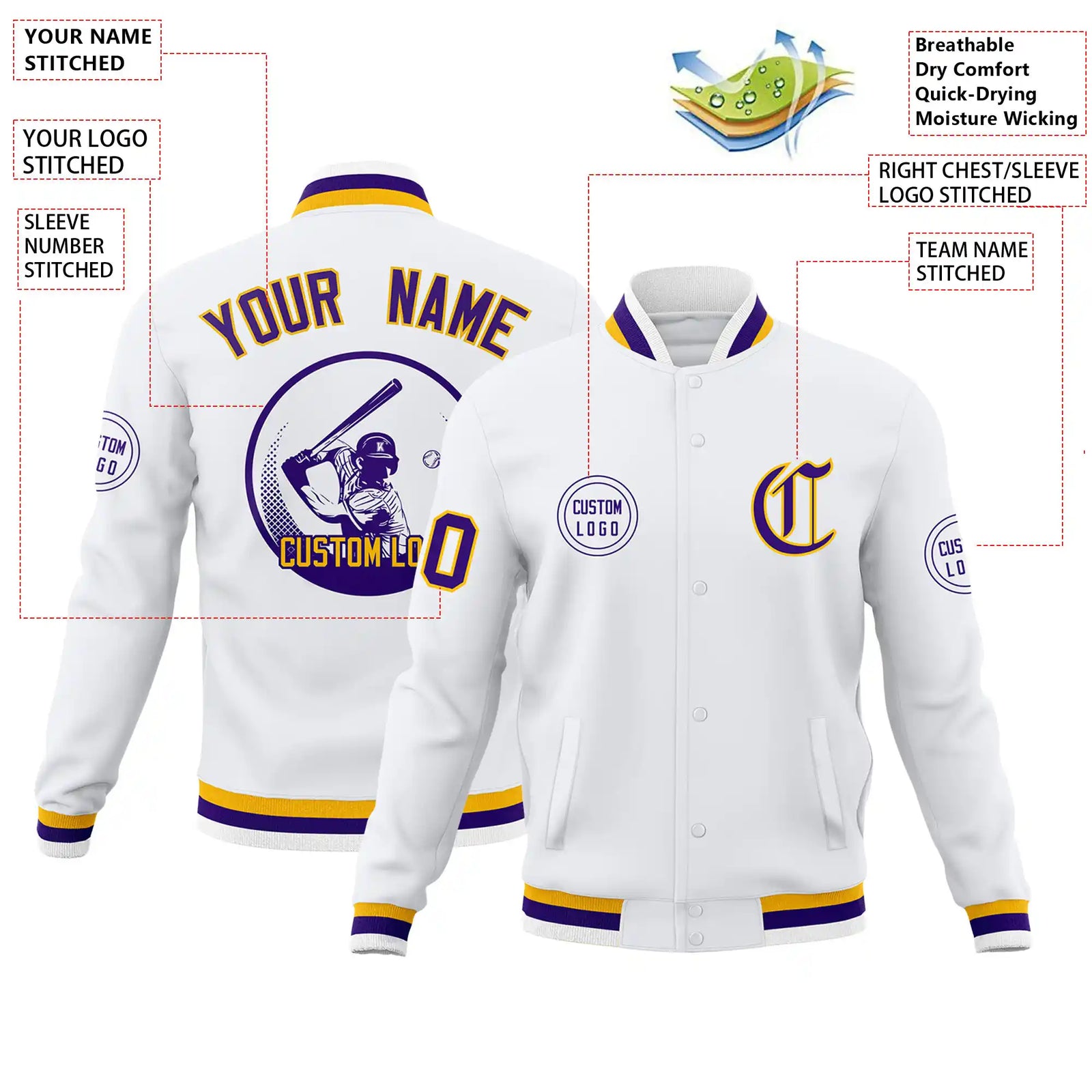 Custom White Purple-White Bomber Full-Snap Varsity Letterman Jacket