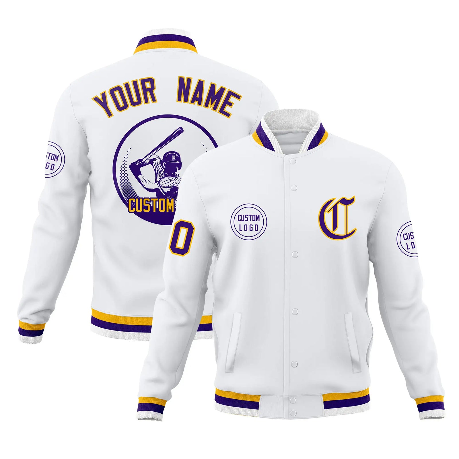 Custom White Purple-White Bomber Full-Snap Varsity Letterman Jacket