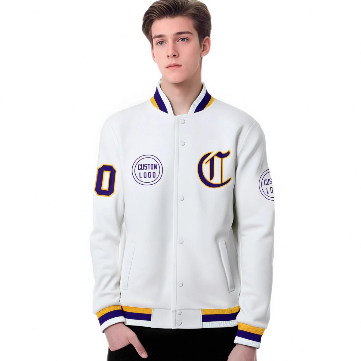 Custom White Purple-White Bomber Full-Snap Varsity Letterman Jacket
