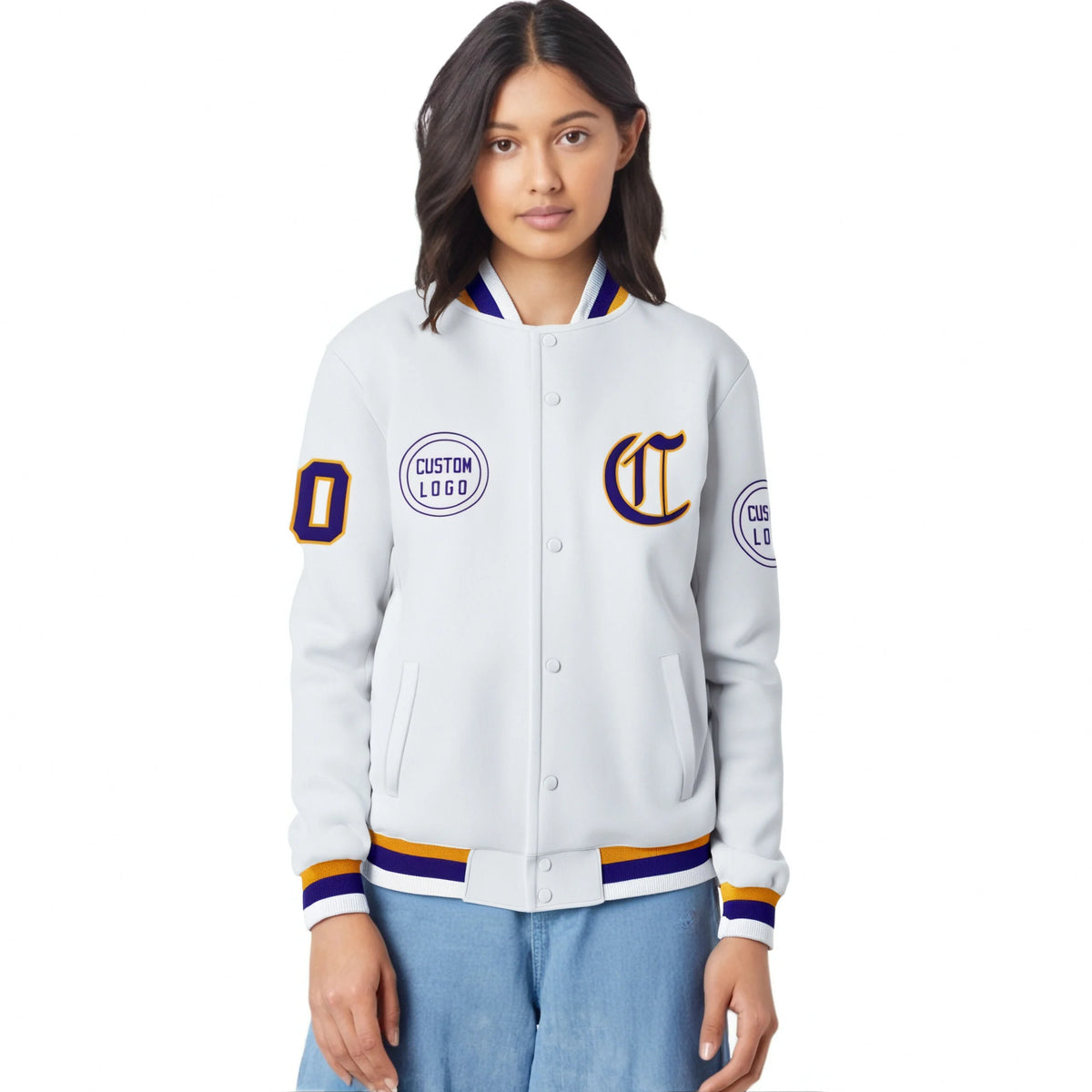 Custom White Purple-White Bomber Full-Snap Varsity Letterman Jacket