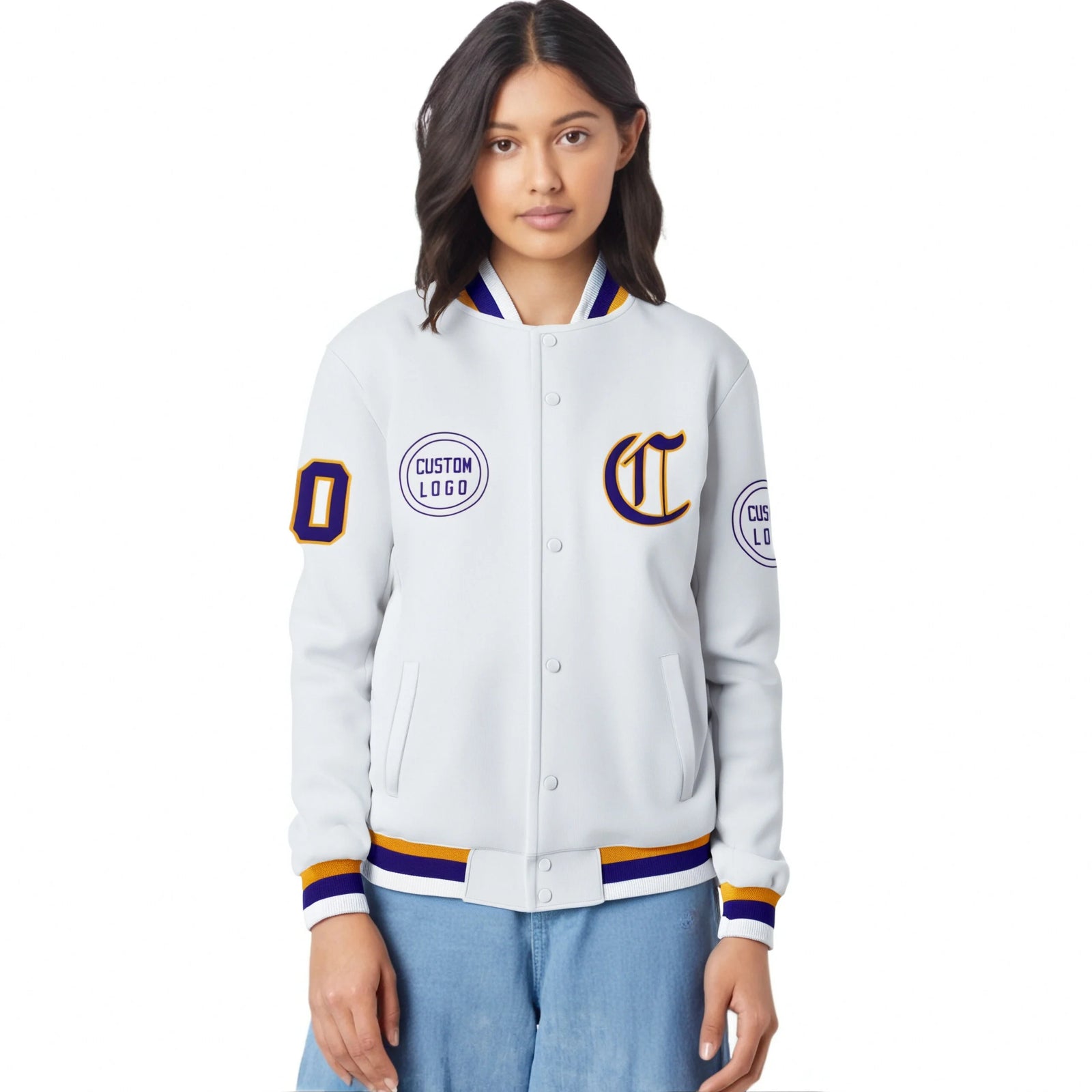 Custom White Purple-White Bomber Full-Snap Varsity Letterman Jacket