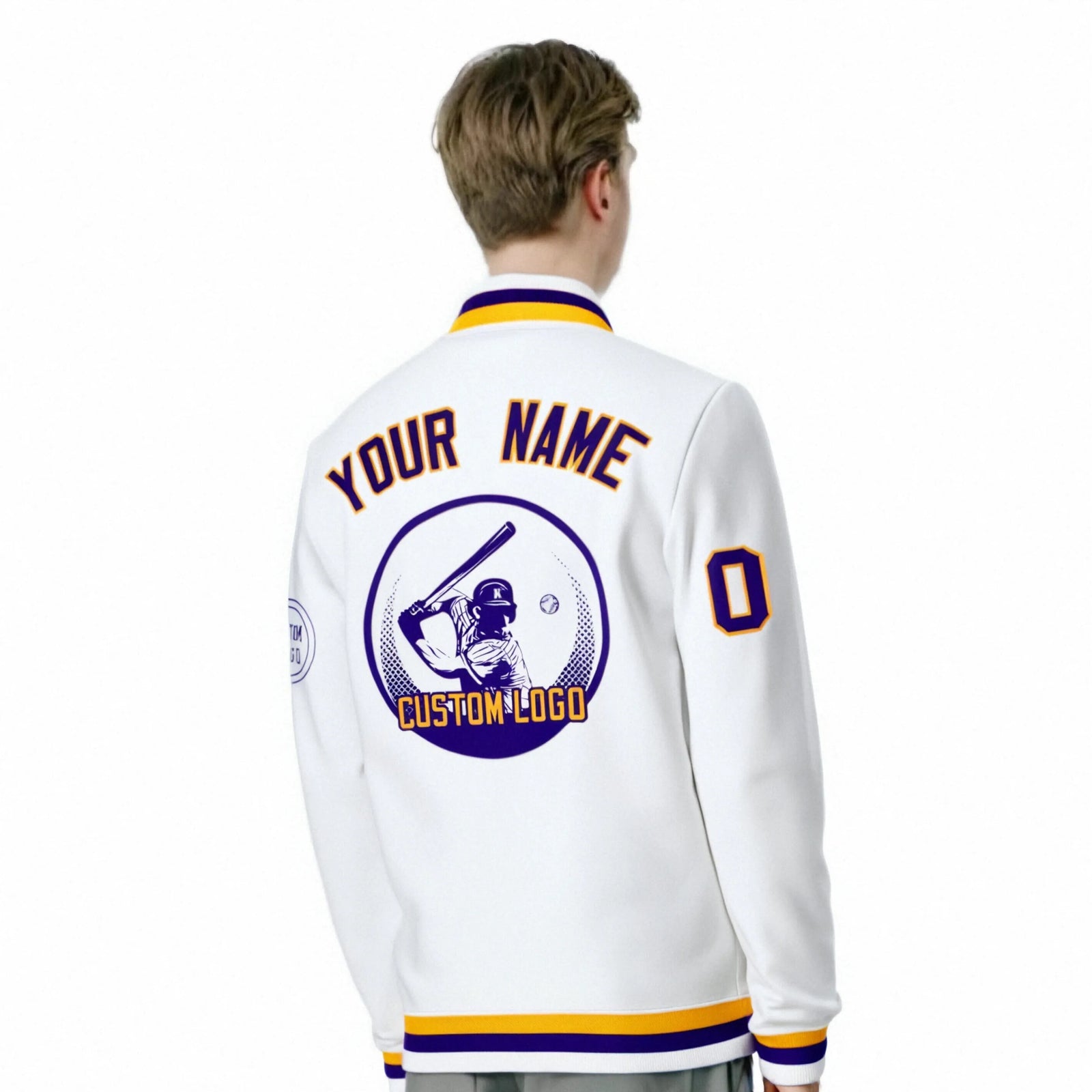 Custom White Purple-White Bomber Full-Snap Varsity Letterman Jacket
