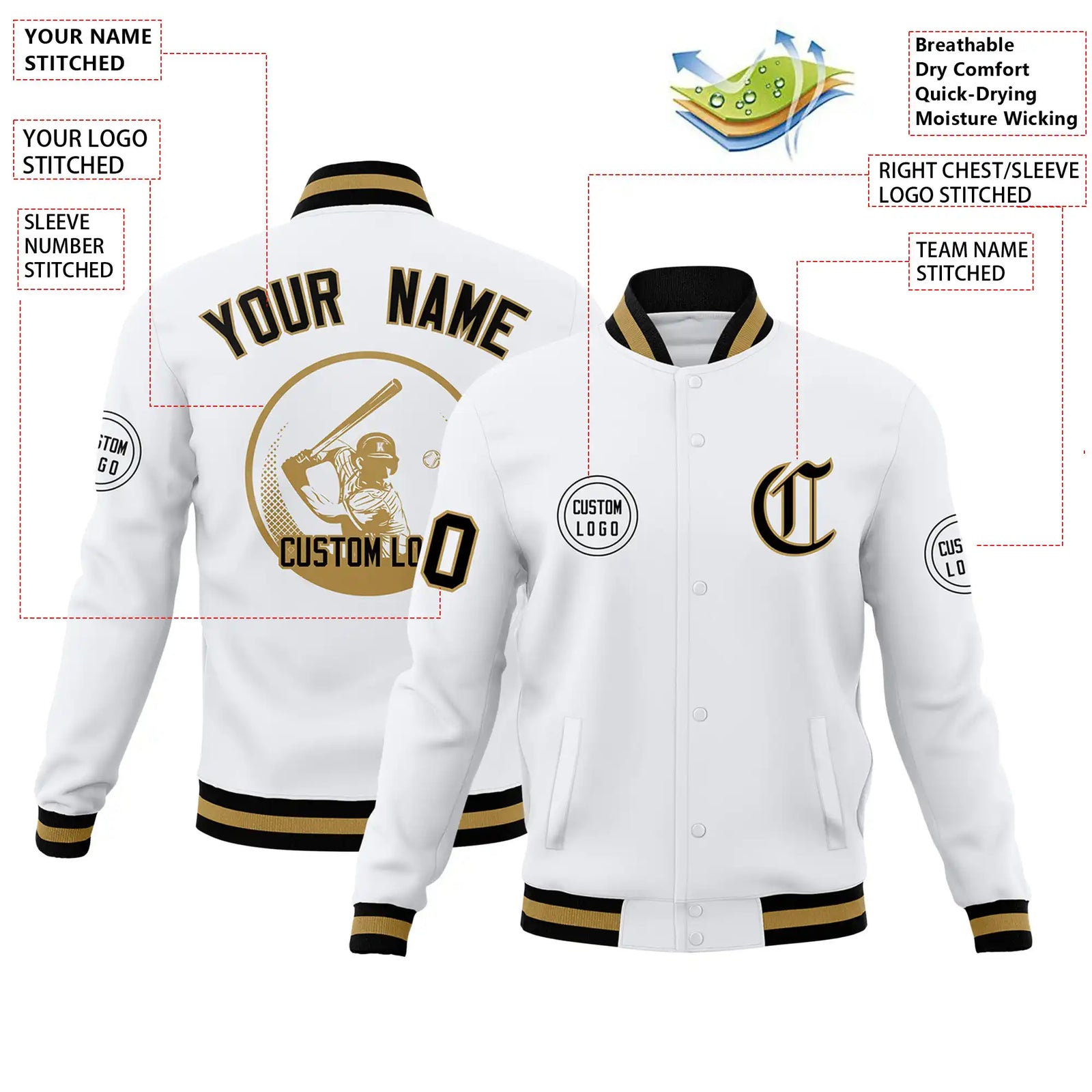 Custom White Black-White Bomber Full-Snap Varsity Letterman Jacket