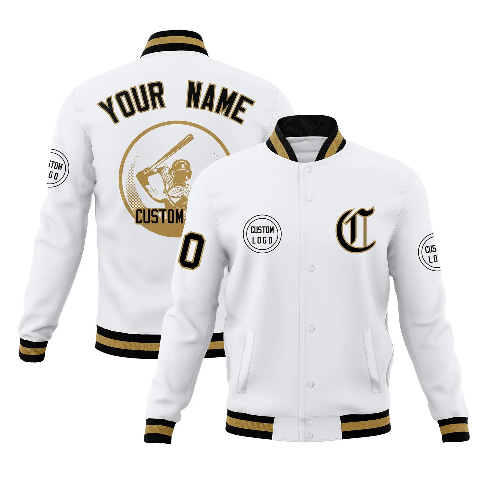 Custom White Black-White Bomber Full-Snap Varsity Letterman Jacket