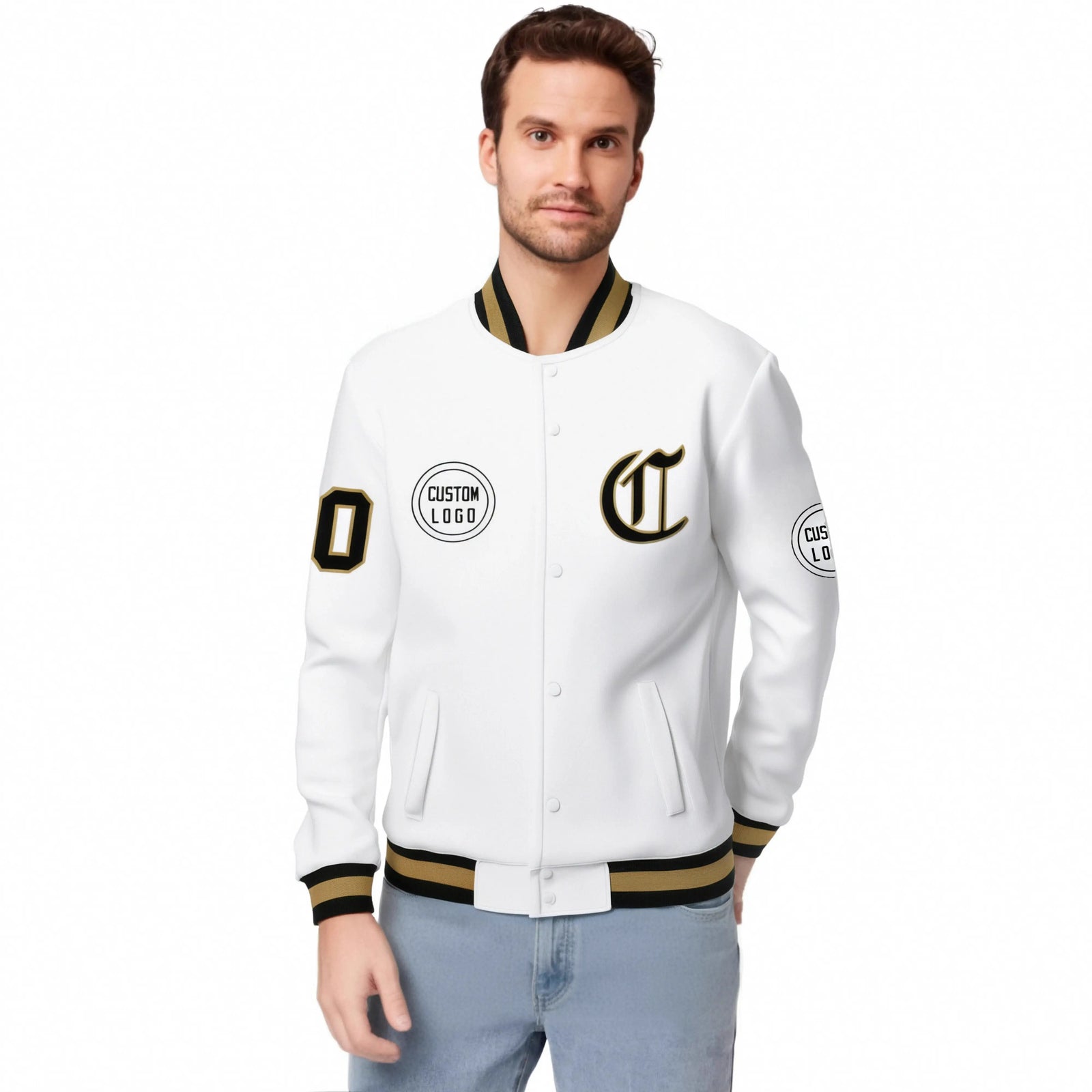 Custom White Black-White Bomber Full-Snap Varsity Letterman Jacket