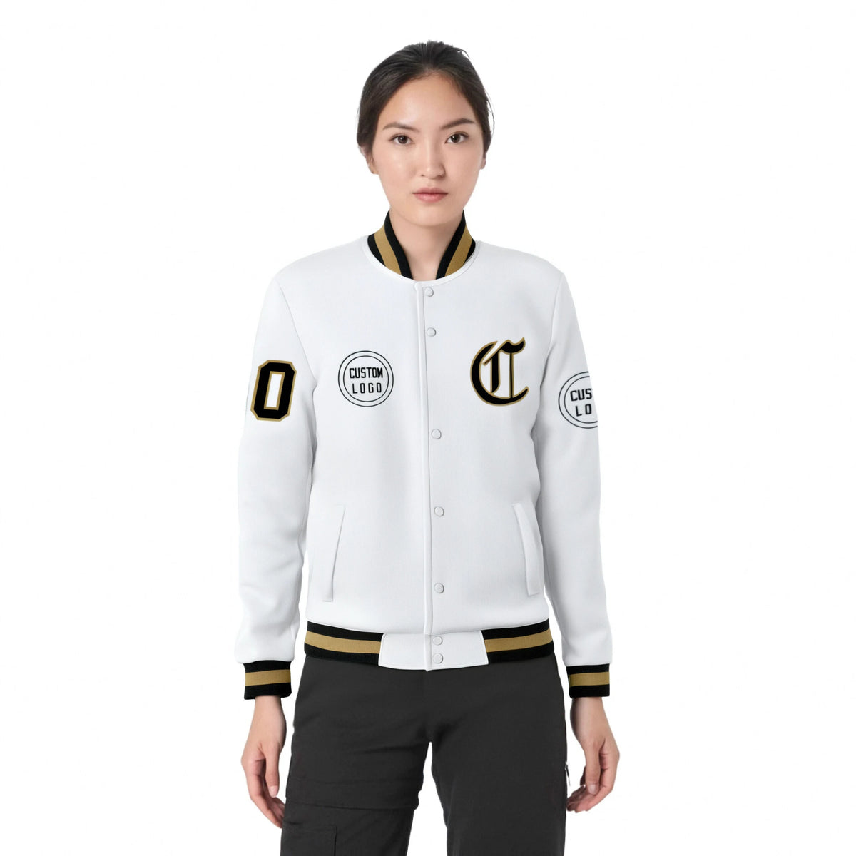 Custom White Black-White Bomber Full-Snap Varsity Letterman Jacket