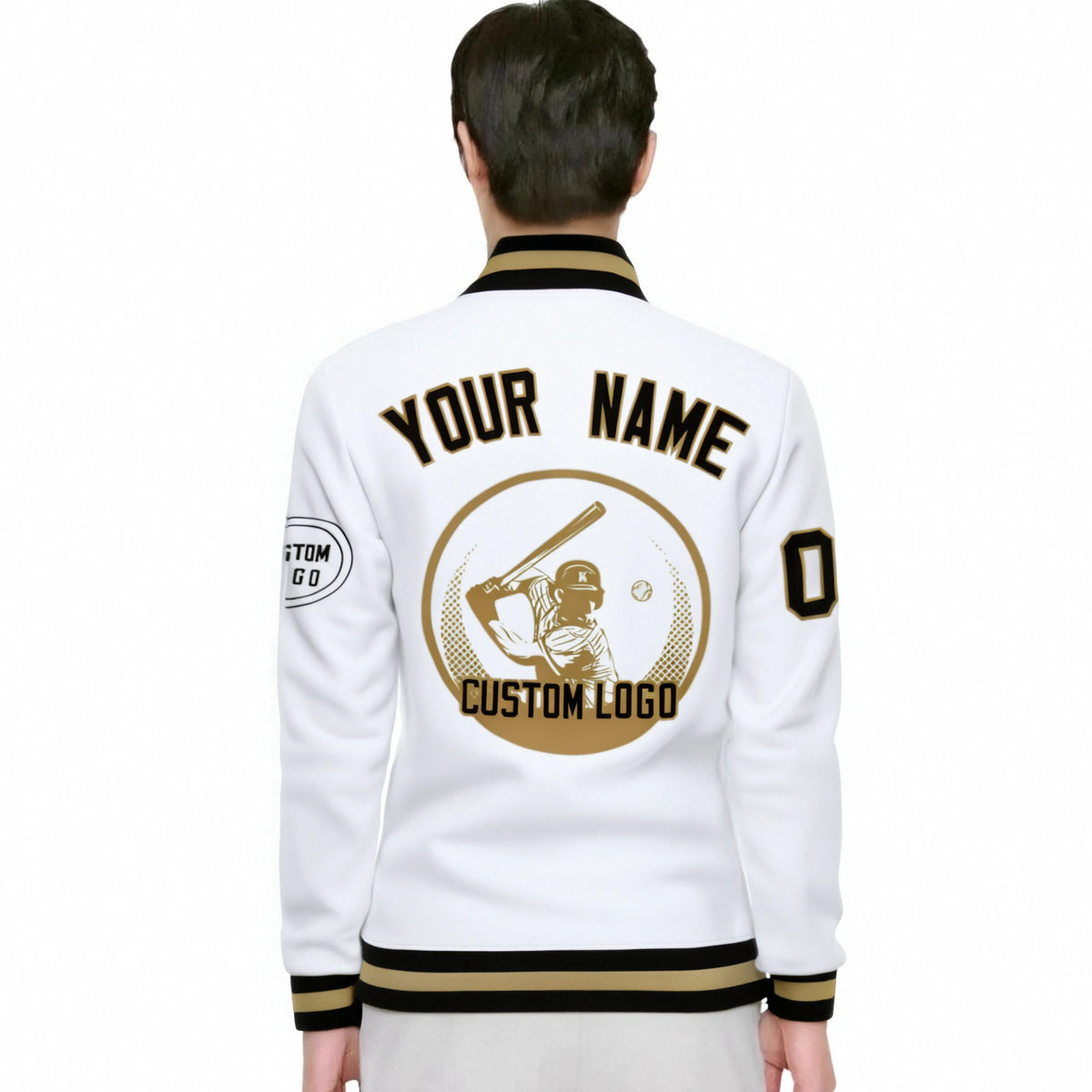Custom White Black-White Bomber Full-Snap Varsity Letterman Jacket