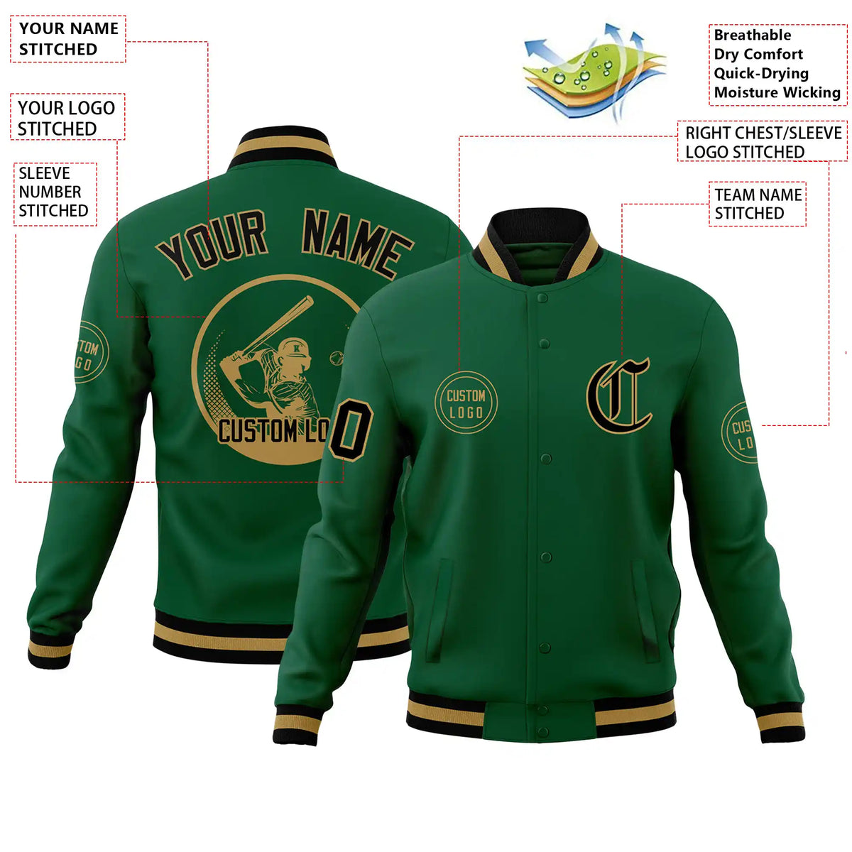 Custom Green Black-White Bomber Full-Snap Varsity Letterman Jacket