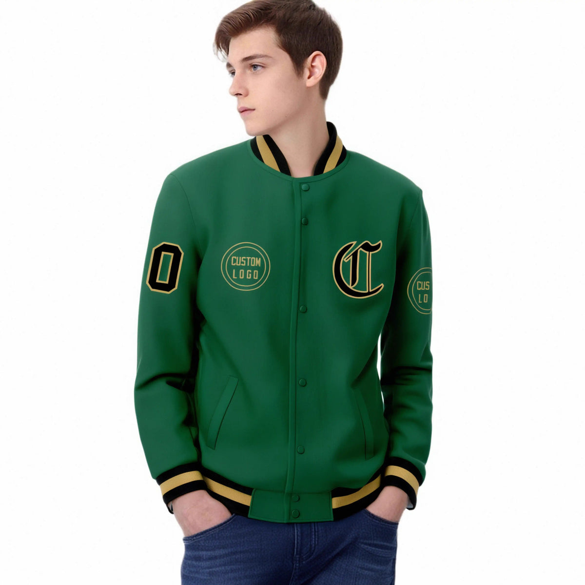 Custom Green Black-White Bomber Full-Snap Varsity Letterman Jacket