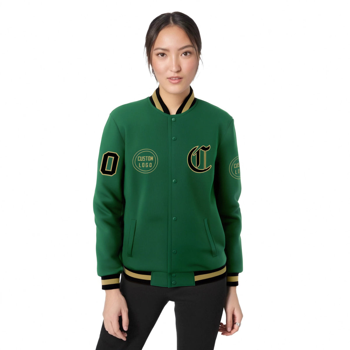 Custom Green Black-White Bomber Full-Snap Varsity Letterman Jacket