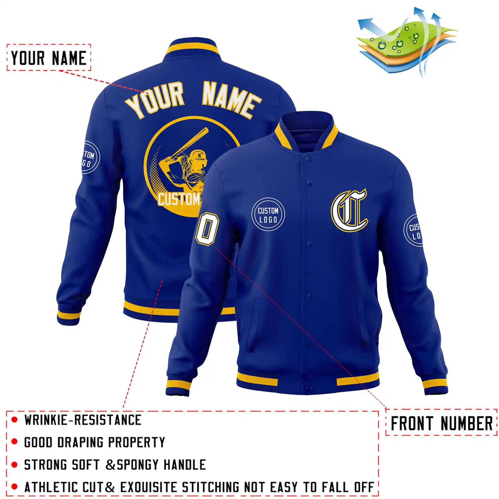 Custom Royal Blue Royal Blue-Yellow Bomber Full-Snap Varsity Letterman Jacket