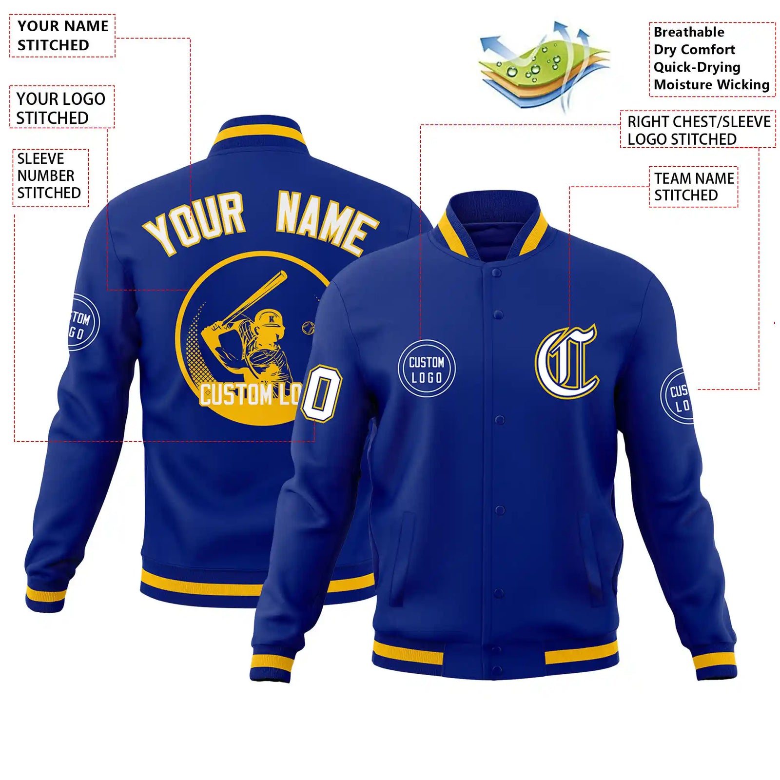 Custom Royal Blue Royal Blue-Yellow Bomber Full-Snap Varsity Letterman Jacket