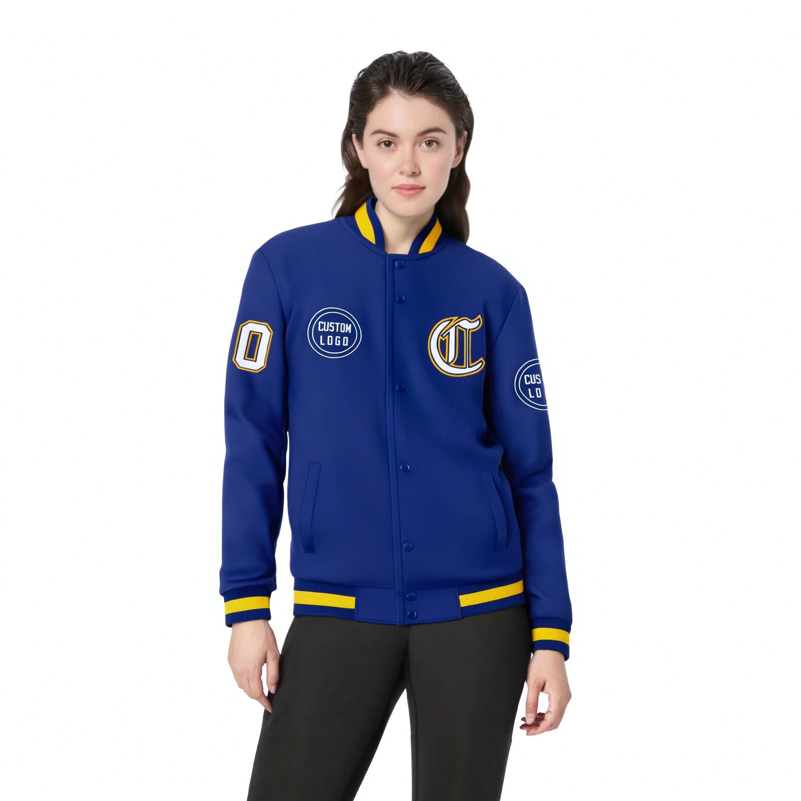 Custom Royal Blue Royal Blue-Yellow Bomber Full-Snap Varsity Letterman Jacket