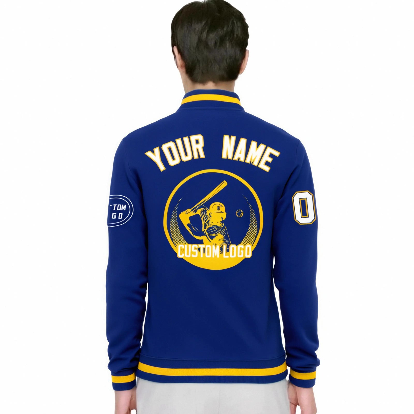 Custom Royal Blue Royal Blue-Yellow Bomber Full-Snap Varsity Letterman Jacket