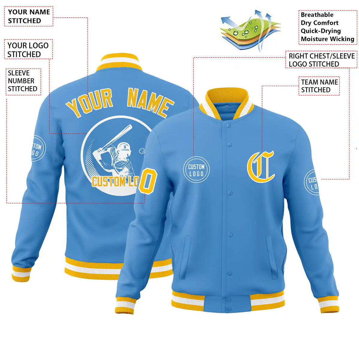 Custom Powder Blue Gold-1 White Bomber Full-Snap Varsity Letterman Jacket