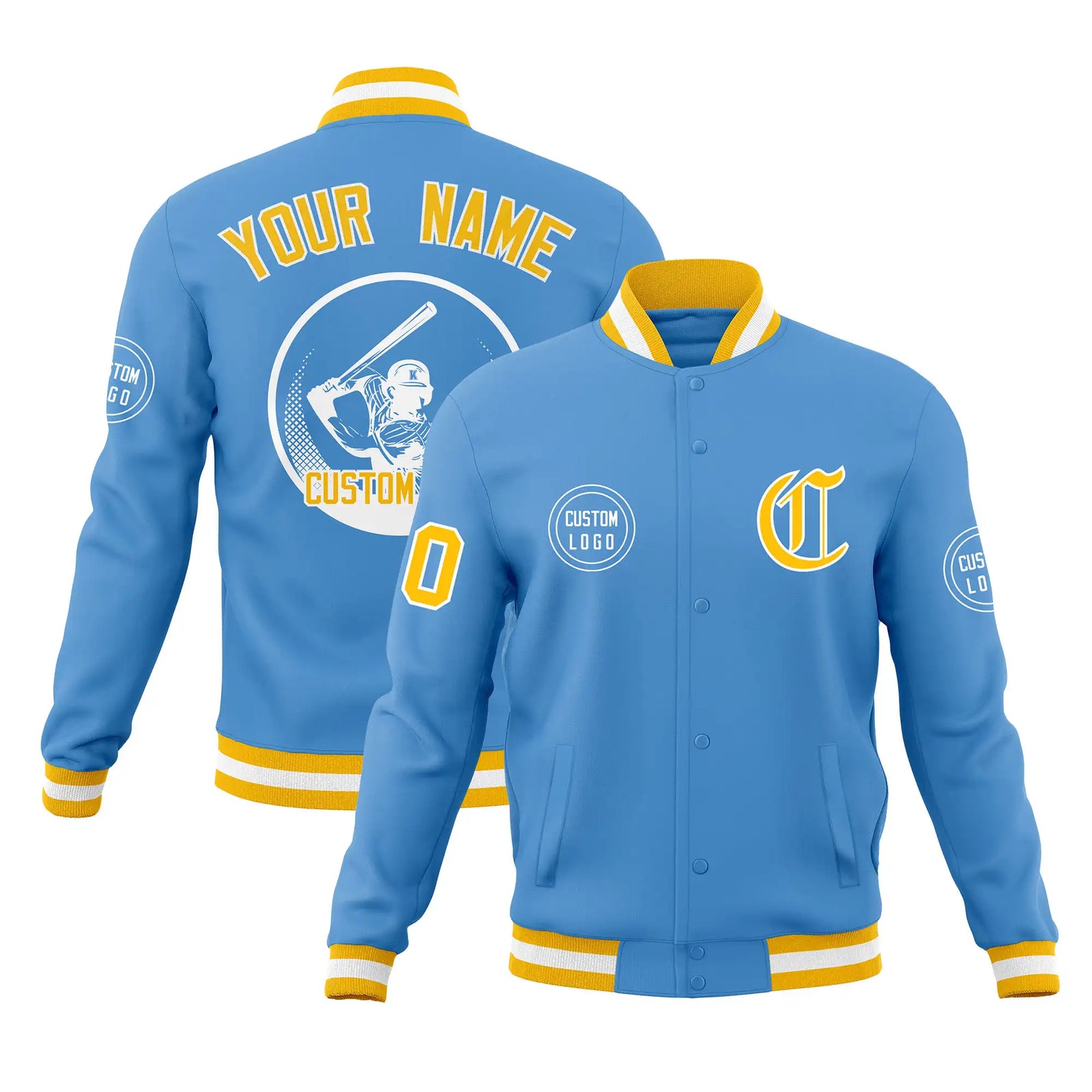 Custom Powder Blue Gold-1 White Bomber Full-Snap Varsity Letterman Jacket