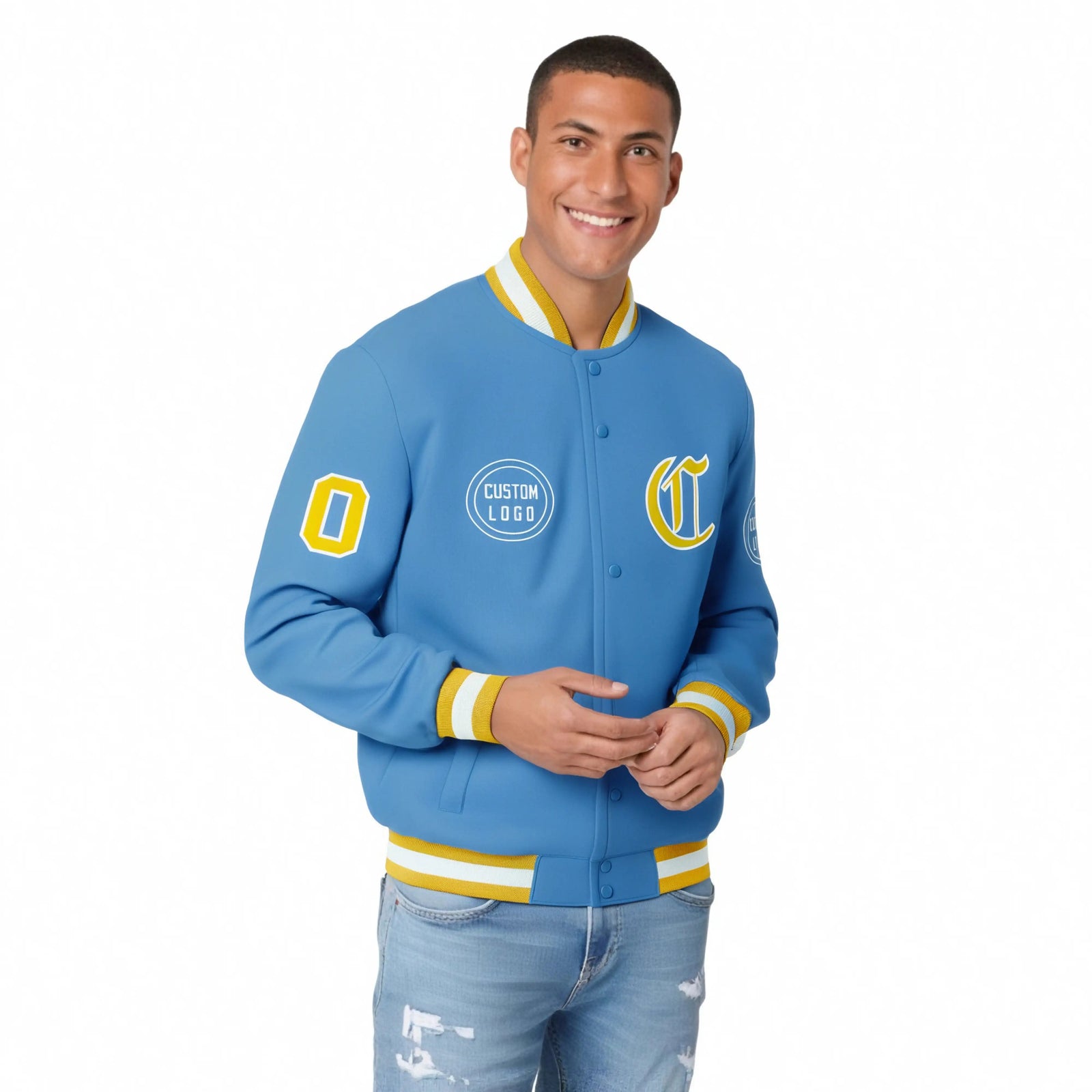 Custom Powder Blue Gold-1 White Bomber Full-Snap Varsity Letterman Jacket