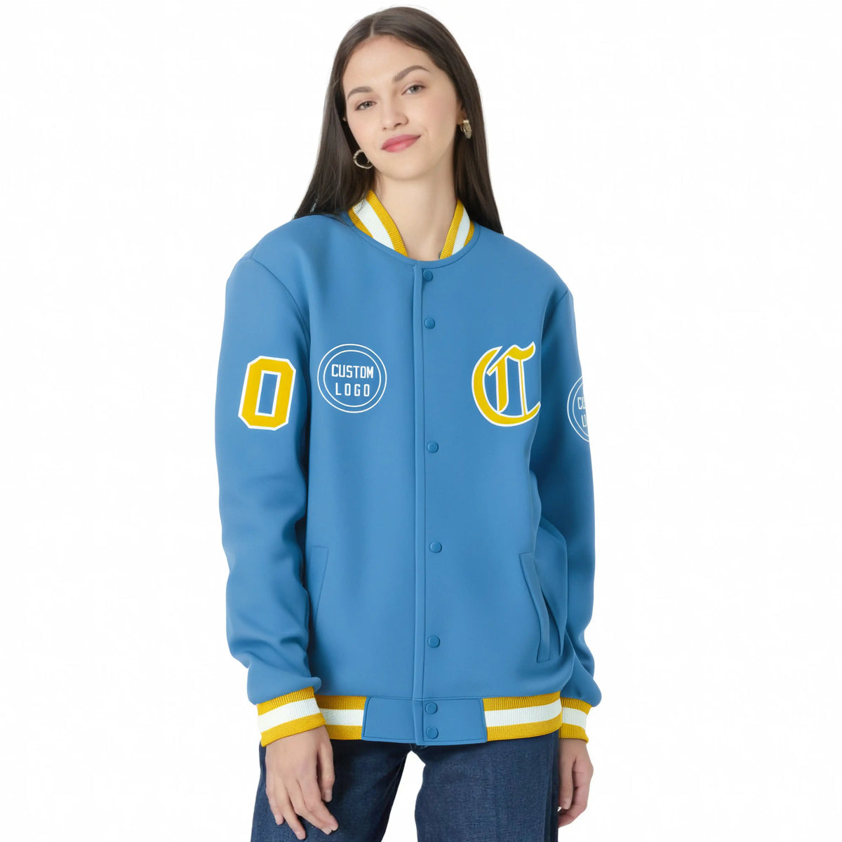 Custom Powder Blue Gold-1 White Bomber Full-Snap Varsity Letterman Jacket