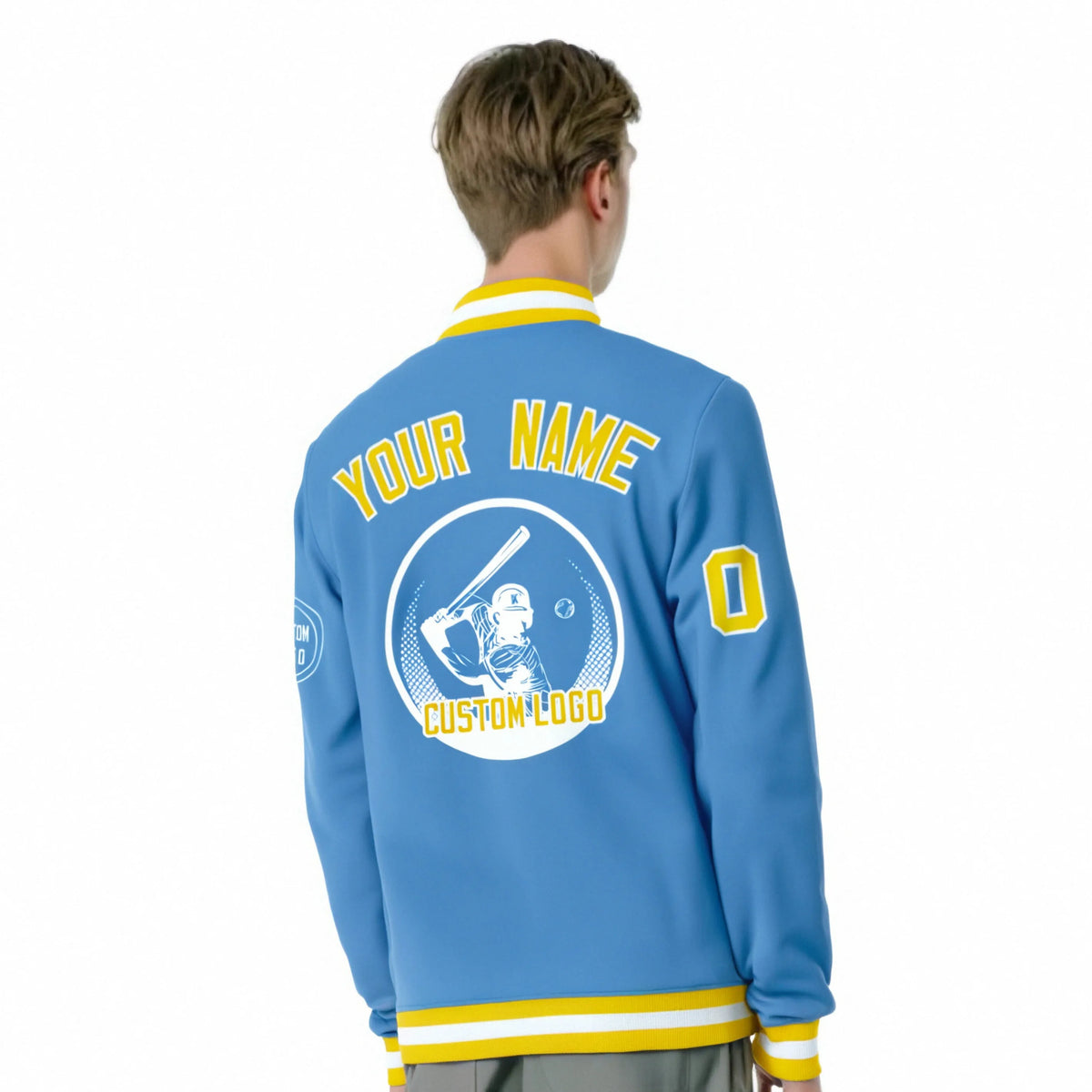 Custom Powder Blue Gold-1 White Bomber Full-Snap Varsity Letterman Jacket