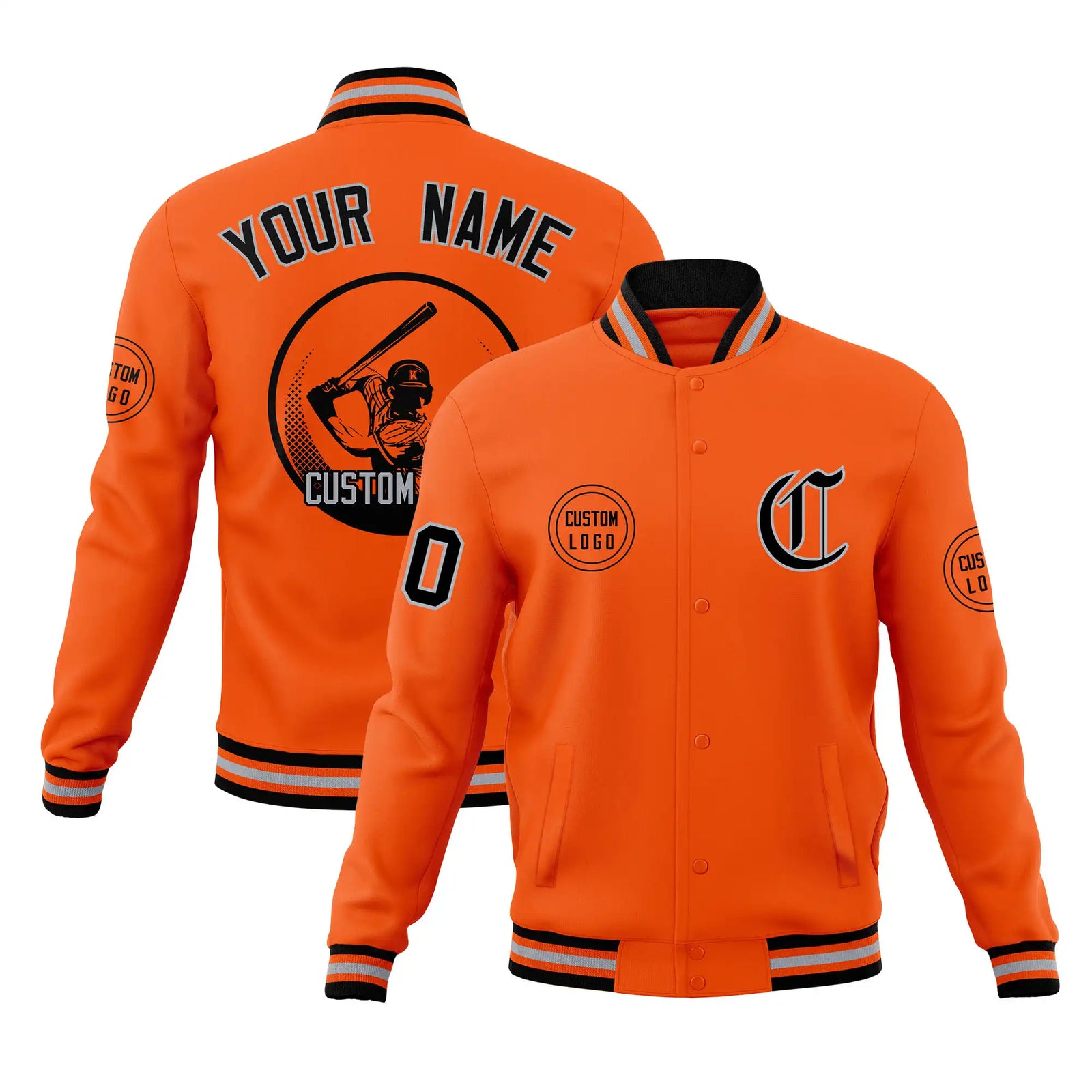 Custom Orange Black-Gray Bomber Full-Snap Varsity Letterman Jacket