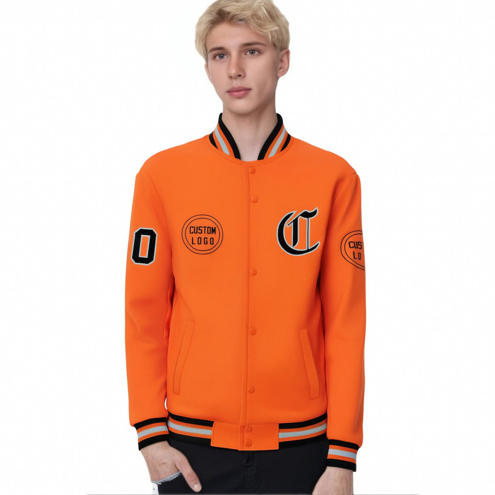 Custom Orange Black-Gray Bomber Full-Snap Varsity Letterman Jacket
