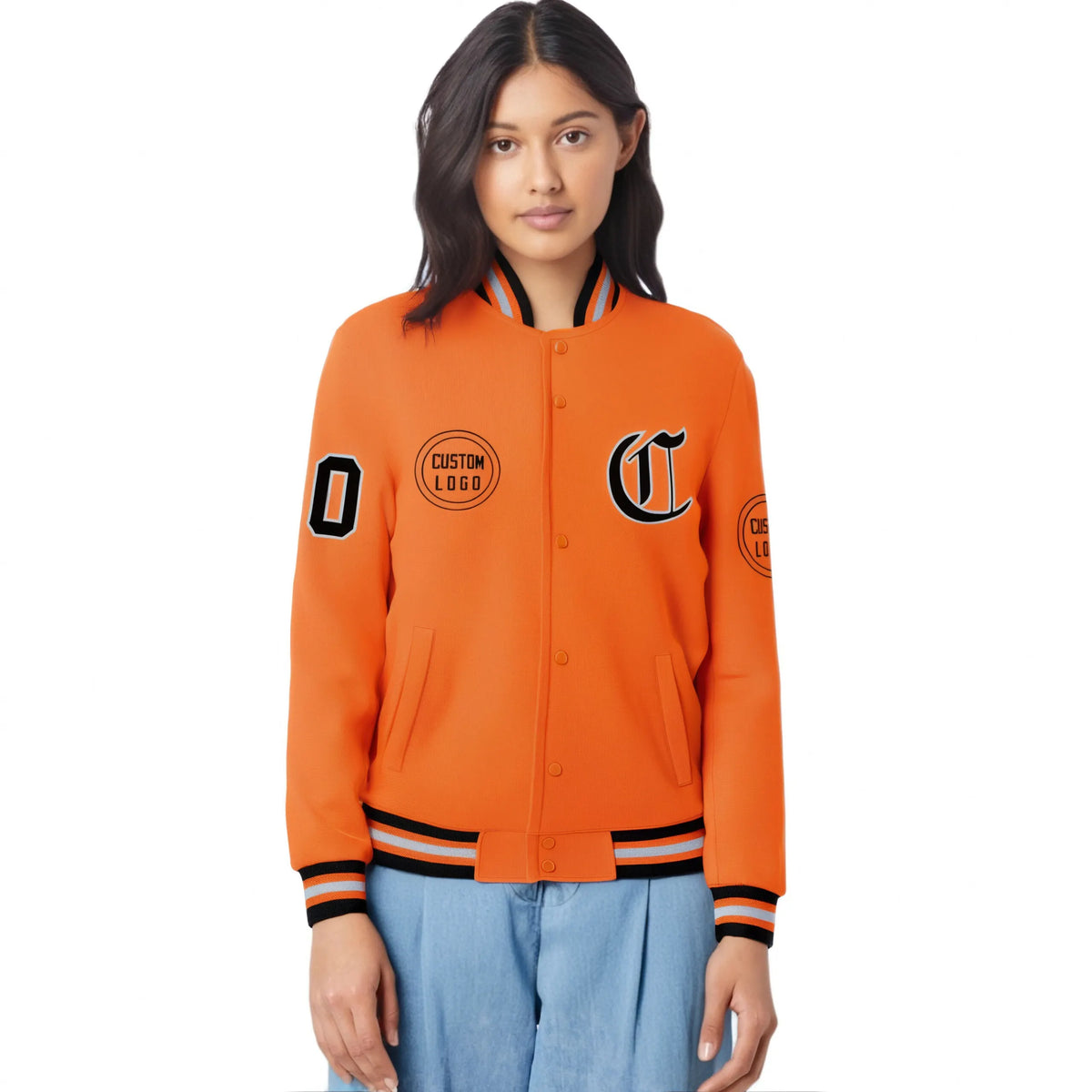 Custom Orange Black-Gray Bomber Full-Snap Varsity Letterman Jacket