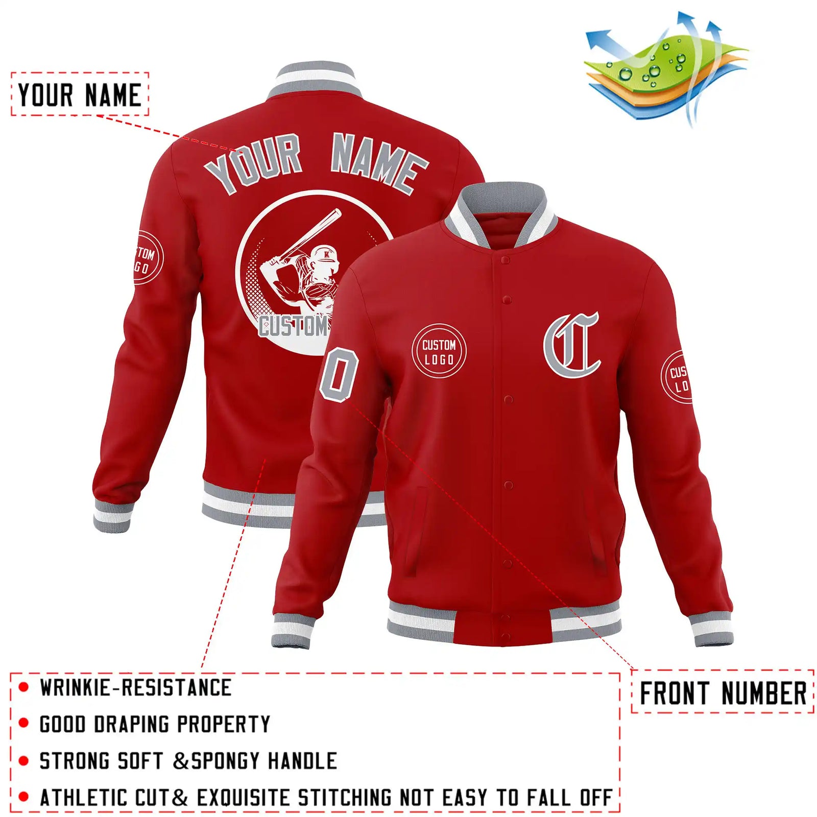 Custom Red Gray-White Bomber Full-Snap Varsity Letterman Jacket