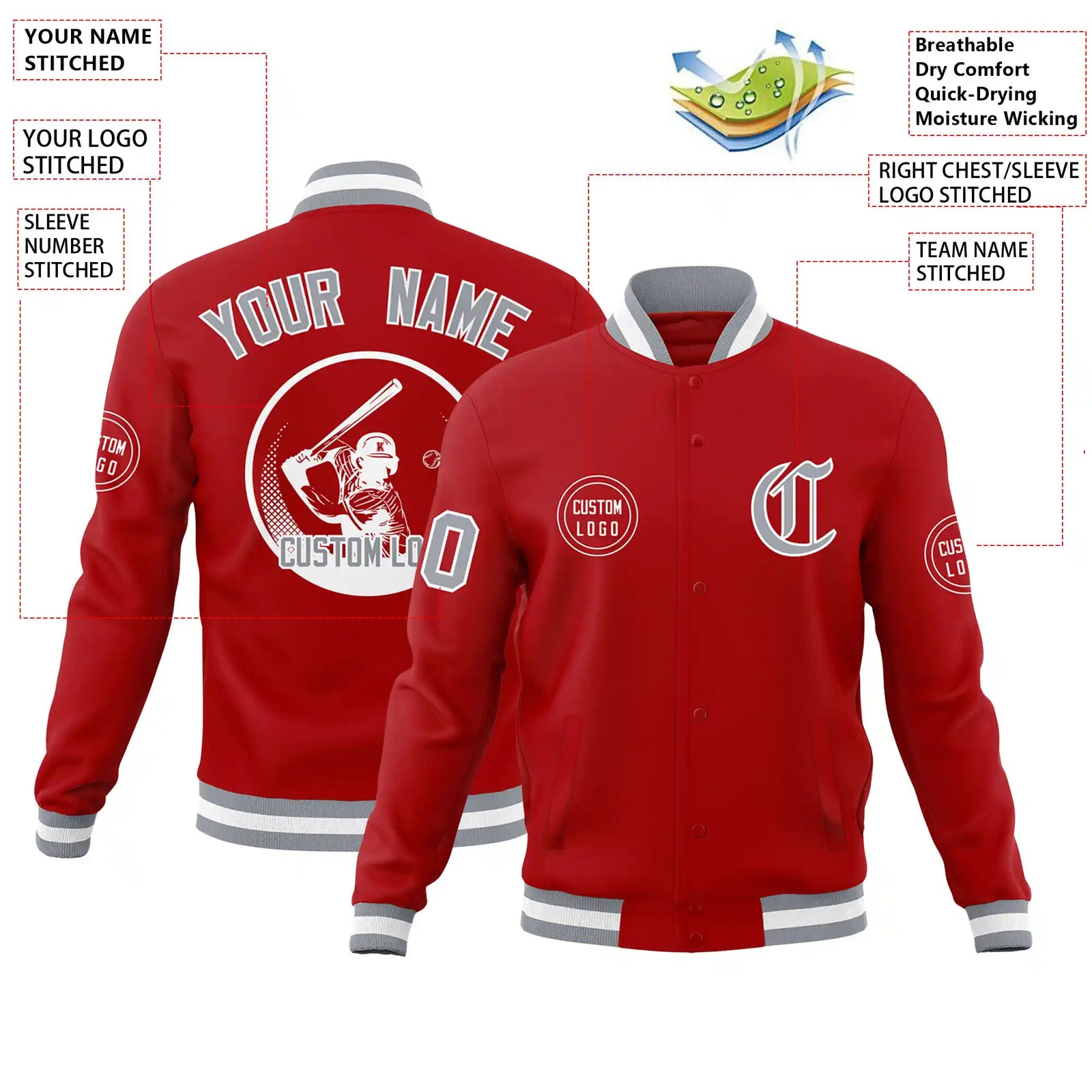 Custom Red Gray-White Bomber Full-Snap Varsity Letterman Jacket